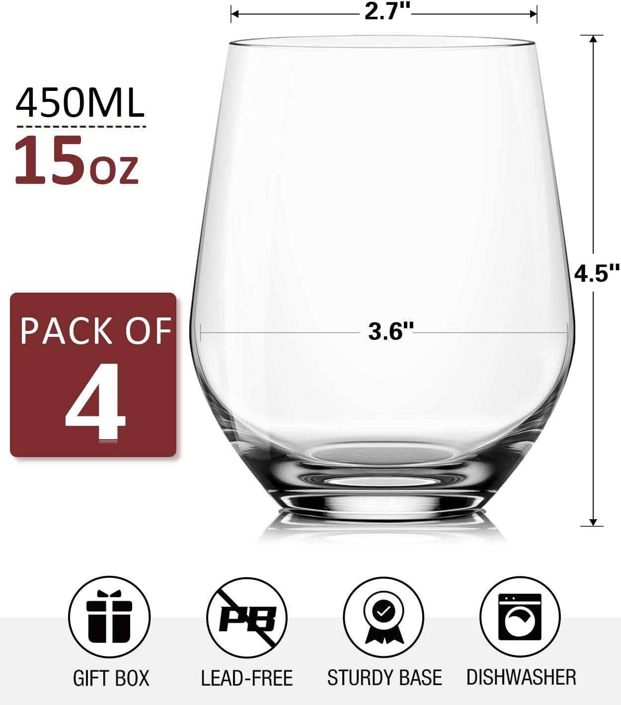 Stemless Wine Glasses Set of 4, Red White Wine Glasses, No Stem, Clear, 15oz, Premium Crystal Sturdy Drinking Glass for Daily Use, Birthday, Wedding, Home Party, Anniversary, Shower Gift - Image 6