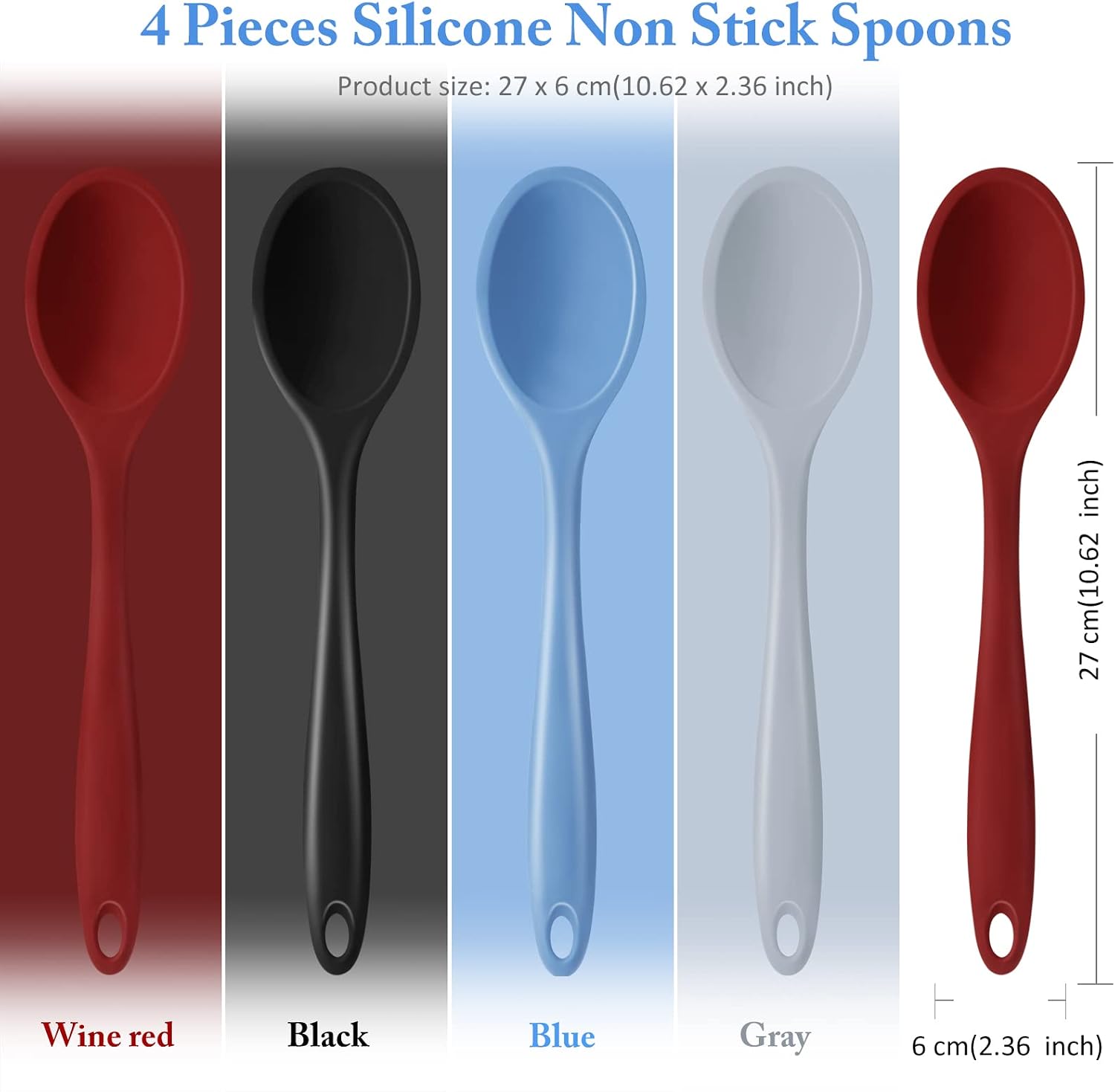 Shappy 4 Pieces Silicone Cooking Spoons 10.6 Inch Heat Resistant Kitchen Spoons for Mixing, Serving and Stirring Upgrade Large Non Stick Basting Utensils, Dishwasher Safe(Spoon,Fashionable Color) - Image 2