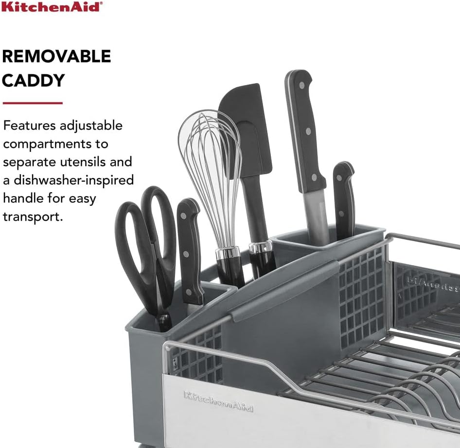 KitchenAid Large Capacity Full Size Rust Resistant Dish Rack with Angled Drain Board and Removable Flatware Caddy, Light Grey - Image 3