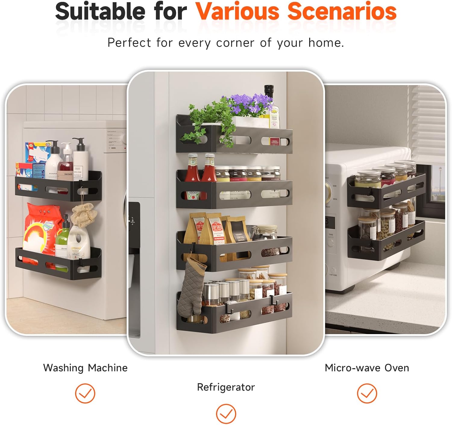 Sevenblue 4 Pack Strong Magnetic Spice Rack for Refrigerator, Multipurpose Magnetic Shelf for Fridge with 4 Hooks for Kitchen and Bathroom Organization, Black - Image 6