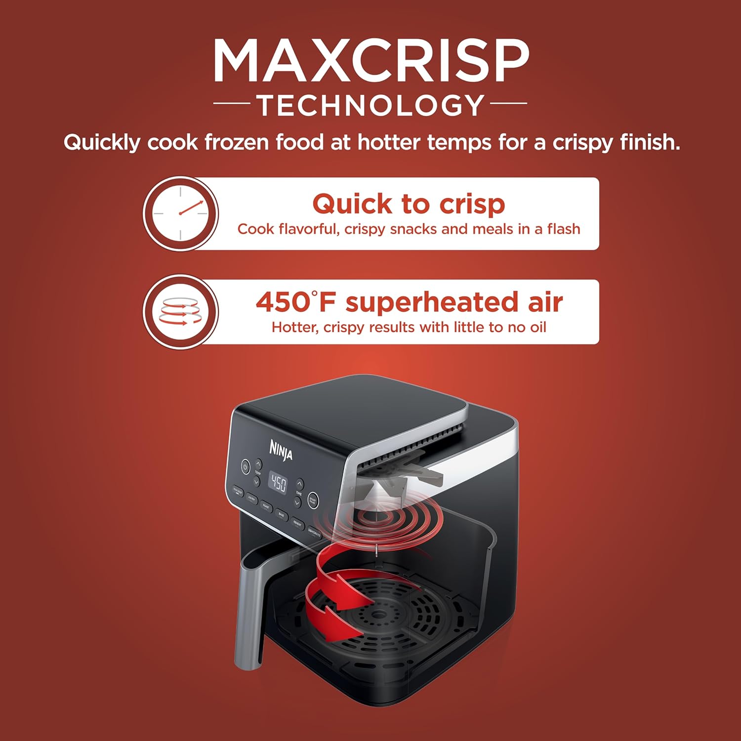 Ninja XL Air Fryer with MaxCrisp | 6.5 QT Capacity | 6-in-1 Max Crisp, Air Fry, Roast, Bake, Reheat & Dehydrate | 450°F Temp | 1750 Watts | Nonstick Basket, Crisper Plate & Recipe Guide | Grey | AF181 - Image 2