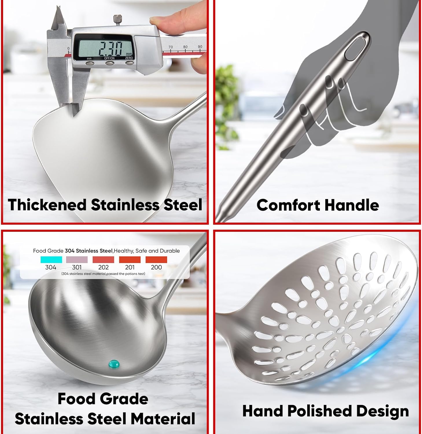 Newness 9 Pcs Cooking Utensils Set, 304 Stainless Steel Kitchen Utensils Set, Metal Kitchen Accessories, Include Soup Ladle, Slotted Skimmer Spoon, Spaghetti Spoon and Spatula, Dishwasher Safe - Image 3