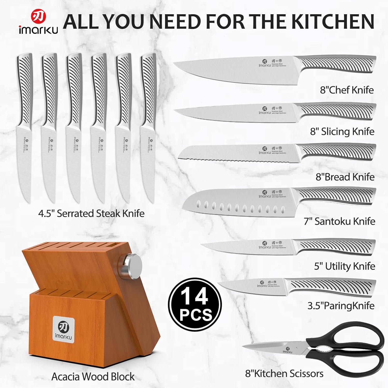 imarku Knife Set, 14 Piece Premium Japanese High-Carbon Stainless Steel Knife Block Set, Ultra-Sharp Kitchen Knife Set with Sharpener, Ideal Home Cooking Gift for Men - Image 3