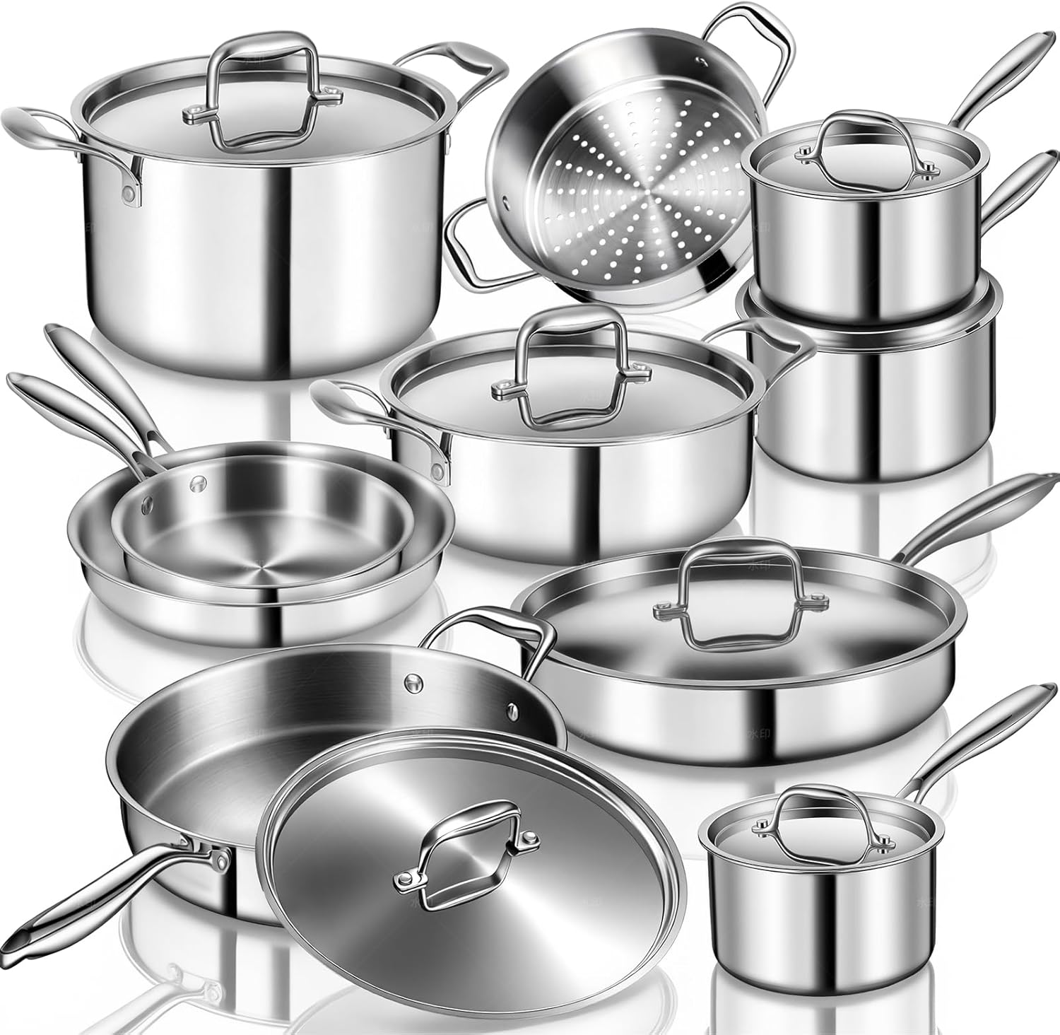 EWFEN Stainless Steel Cookware Set, 3 Ply 17 Piece Stainless Steel Pot and Pan Set, Oven Dishwasher Safe | Induction Compatible Frying Pans, Saucepans, Saute Pan & Stock Pot, PFOA, PTFE & PFOS Free