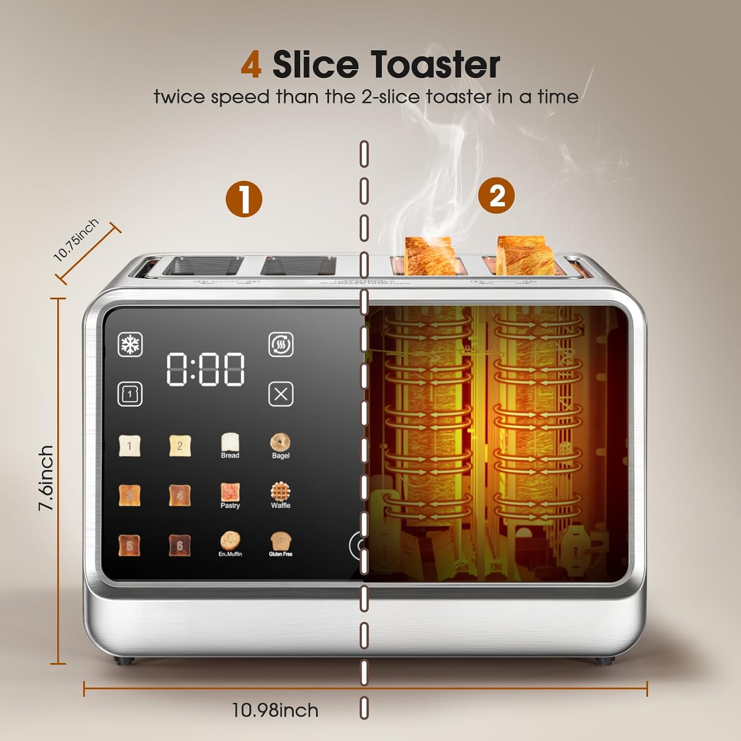 Smart Toaster 4 Slice with Dual Touchscreen & Independent Controls, 1800W Stainless Steel, Wide Slots for 6 Bread Types & Toast Settings,Single-Slice Modes, Defrost, Reheat - Image 4
