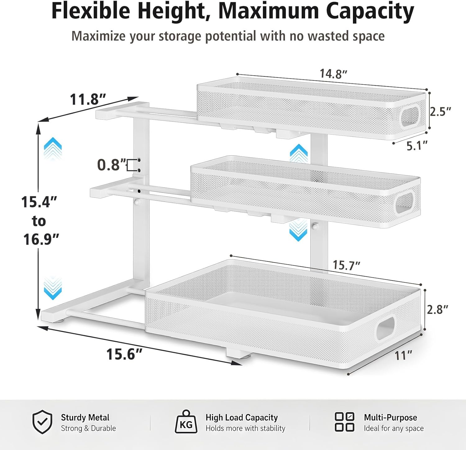 Under Sink Organizer, 3 Tier Pull Out Cabinet Organizer with 5 Adjustable Heights, Metal Under Sink Storage with Sliding Drawers for Kitchen, Bathroom, Pantry and Laundry Room, 2-Pack White - Image 3