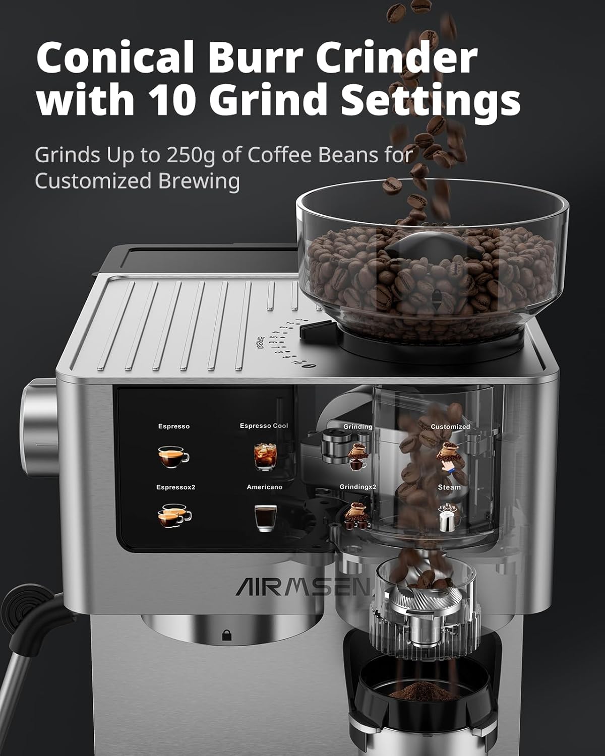 AIRMSEN Espresso Machines with Burr Grinder, 20 Bar, Milk Frother Steam Wand, Stainless Steel Coffee Maker for Home - Cappuccino Latte & Cold Brew Iced Coffee Maker & Americano - Image 3