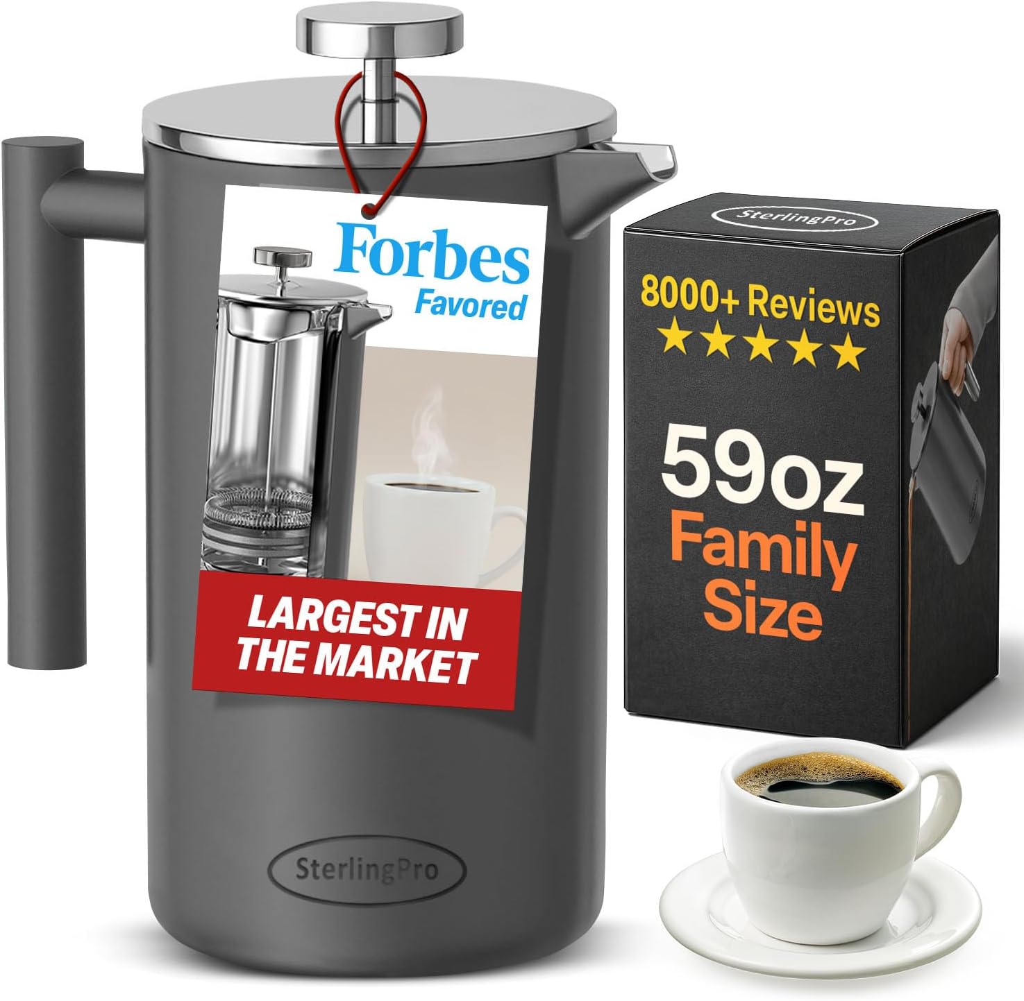 SterlingPro Extra Large Insulated Stainless Steel French Press Coffee Maker 59oz – Insulated Metal XL Double Wall Coffee Maker | Plastic Free | Cool-Touch | Grey Finish | Makes up to 16 Cups / 8 Mugs