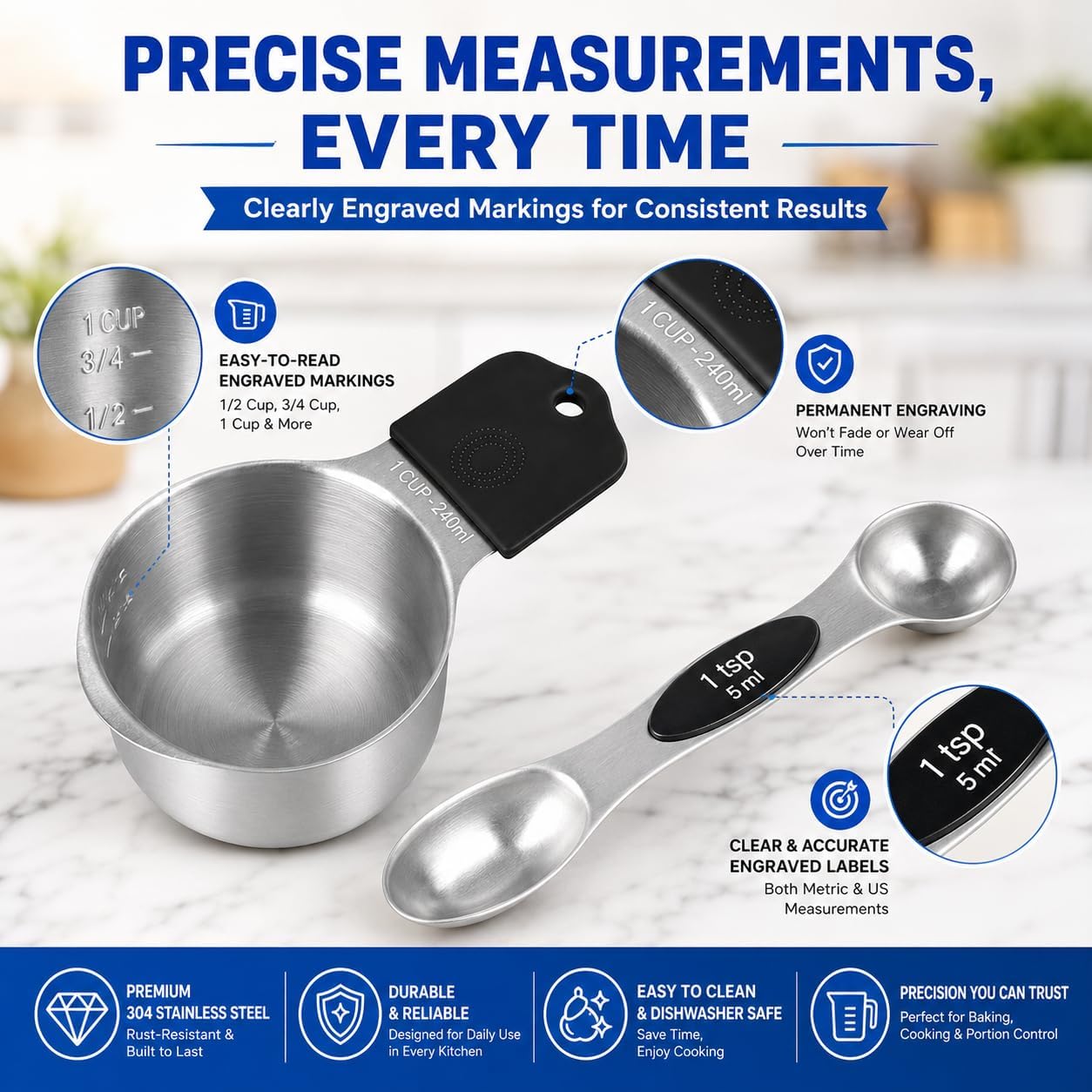 Magnetic Measuring Cups and Spoons Set, Strong N52 Magnets, Heavy Duty 304 Stainless Steel Fits in Spice Jars for Baking & Cooking, BPA Free, Round Set of 15 with Leveler Black - Image 3