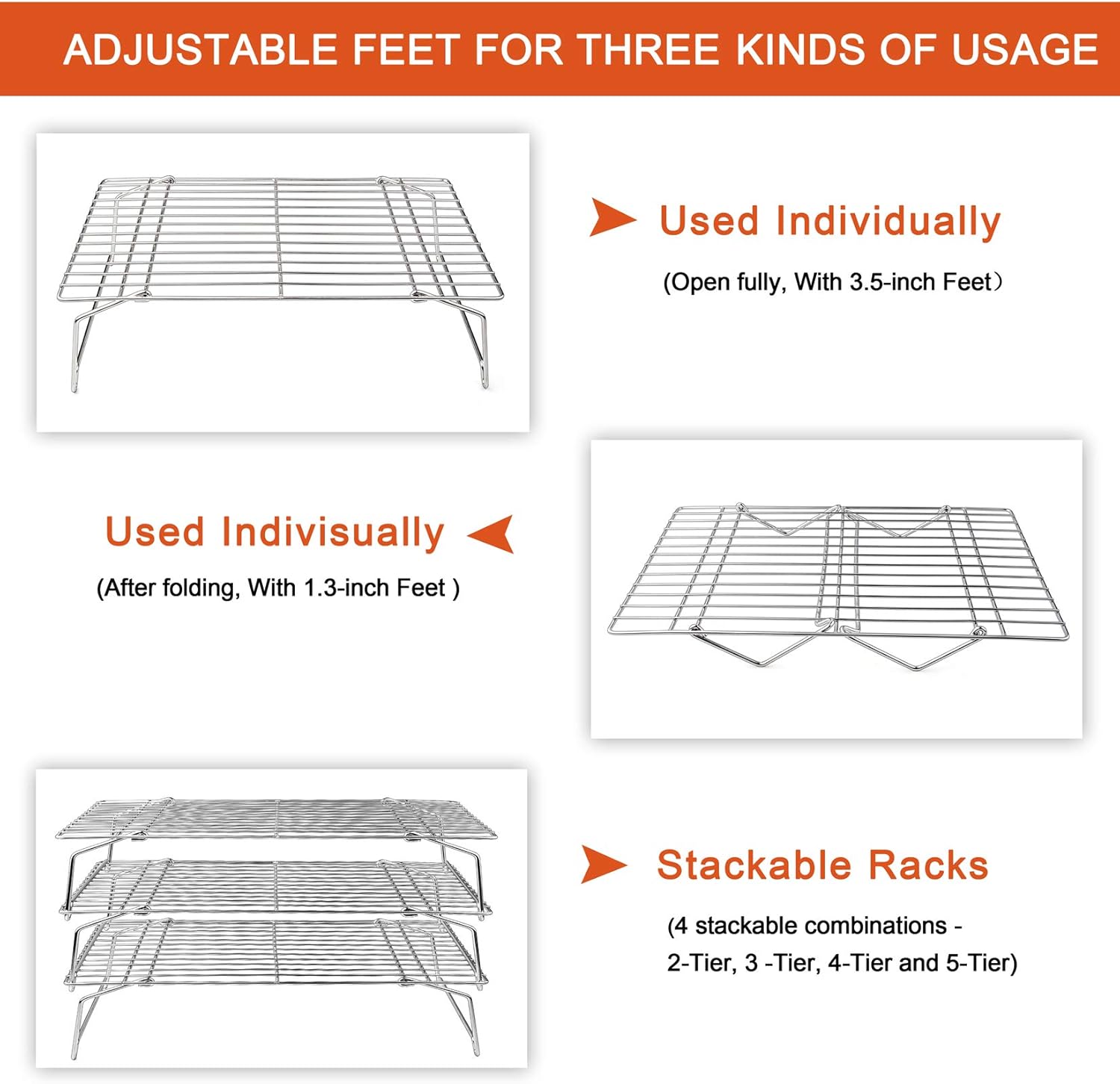 P&P CHEF Cooling Rack, 5-Tier Stainless Steel Stackable Baking Cooking Racks for Cooling Roasting Grilling, Collapsible & Heavy Duty, Oven Safe & Easy Clean, 15" x 10", Silver - Image 2