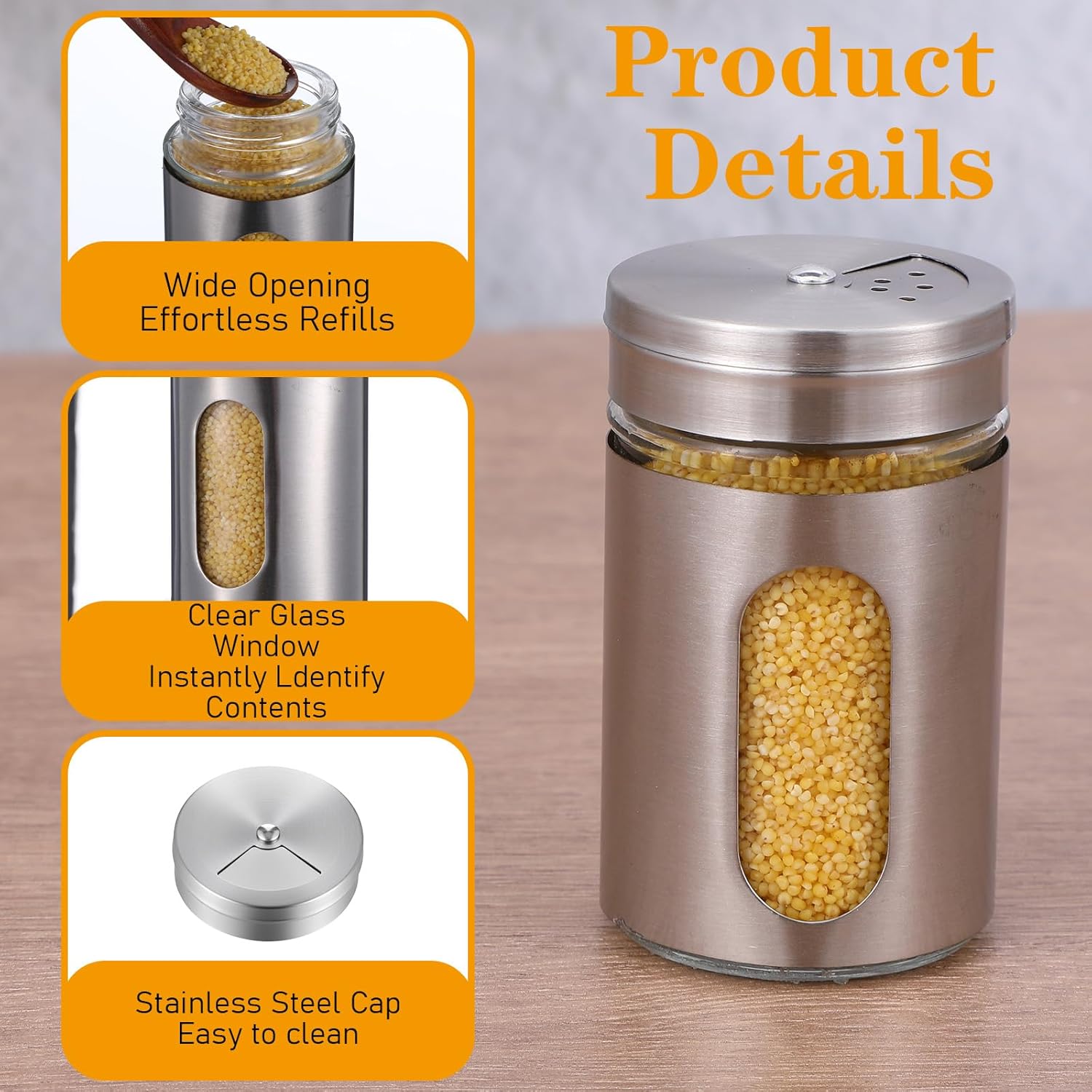 24 Pcs Stainless Steel Spice Jars with Shaker Lids, Seasoning Jars with Adjustable Pour Holes and Glass Window, Empty Spice Bottles for Kitchen Salt Pepper Sugar Seasonings (3.4oz) - Image 3