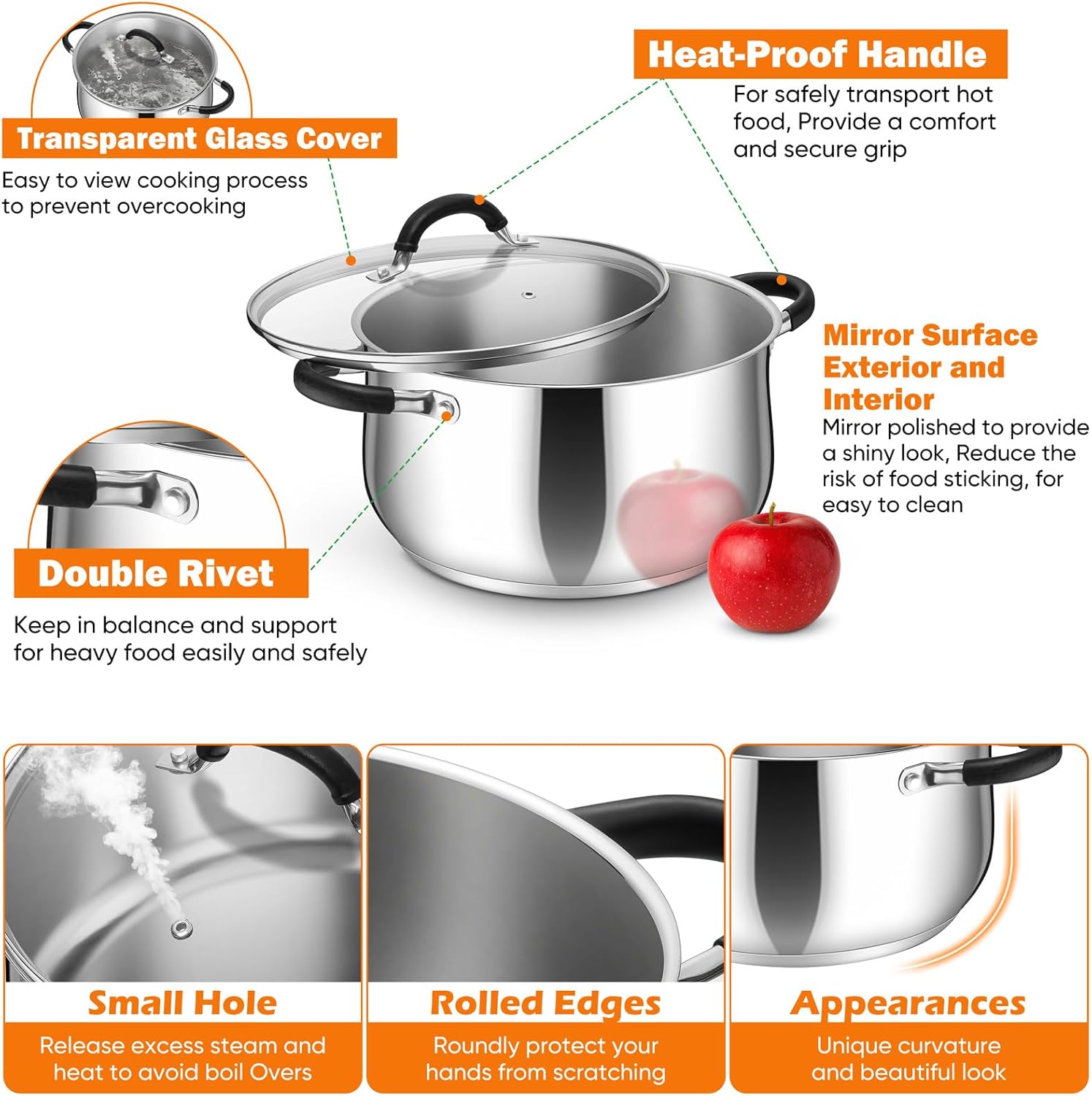 P&P CHEF Stainless Steel Stock Pot, 6 Qt Cooking Soup Pot with Visible Lid for Pasta, Tri-Ply Bottom & Dual Heatproof Handles, For Induction Gas All Stoves, Non-Toxic & Dishwasher Safe - Image 4