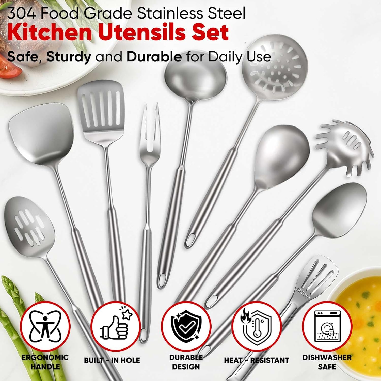 Newness 10 Pcs Cooking Utensils Set,18/8 304 Stainless Steel Kitchen Utensils Set, Metal Kitchen Accessories, Include Soup Ladle, Slotted Skimmer Spoon, Spaghetti Spoon, Spatula, Tongs,Dishwasher Safe - Image 4