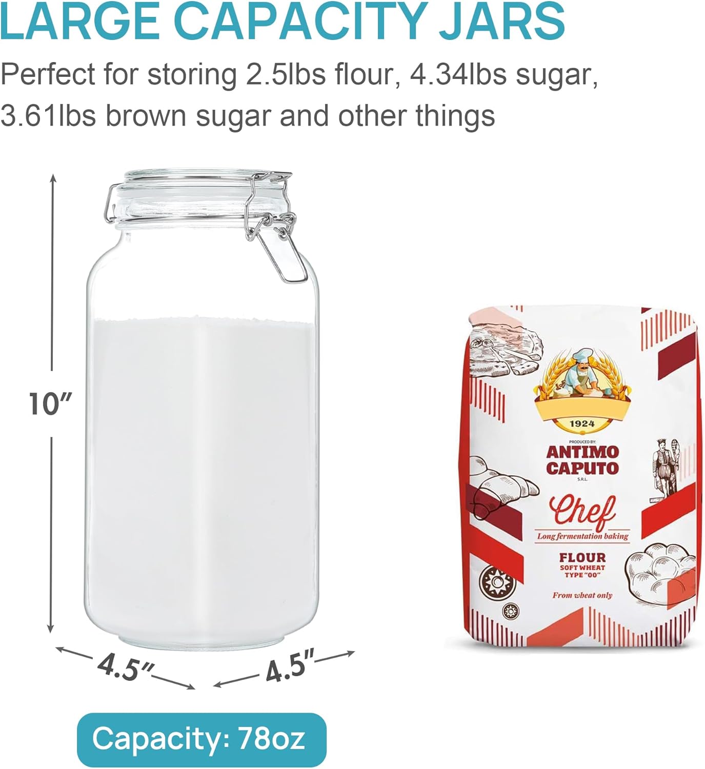 Vtopmart 78oz Glass Food Storage Jars with Airtight Clamp Lids, 3 Pack Large Kitchen Canisters for Flour, Sugar, Cereal, Coffee, Pasta and Canning, Square Mason Jars with 8 Reusable Labels - Image 2