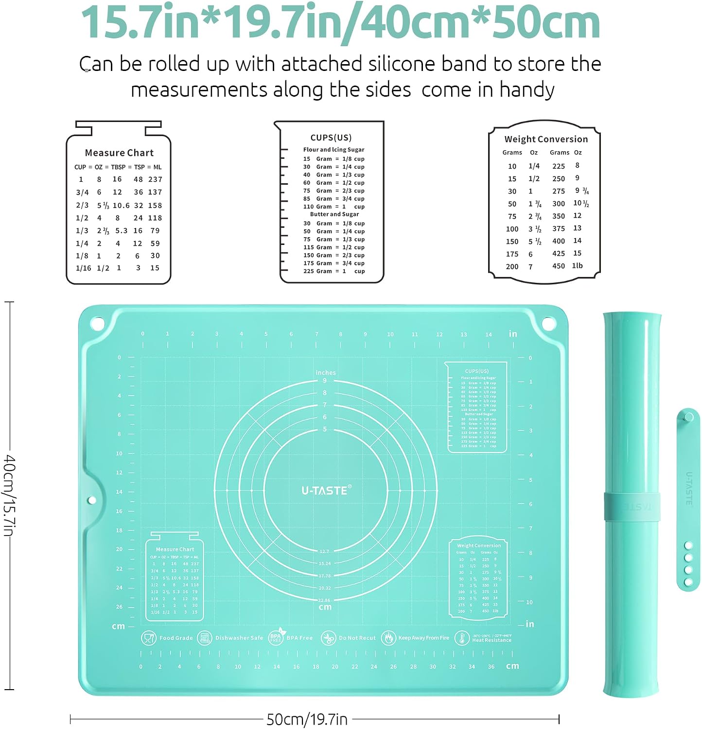 U-Taste Liquid Silicone Pastry Mat: 16"x20" Food-Grade Non-Stick Dough Rolling Baking Sheet, Non Slip for Kneading, Making Pizza, Fondant, Pie Crust with Clear Measurement and Raised Edges (Aqua Sky) - Image 2