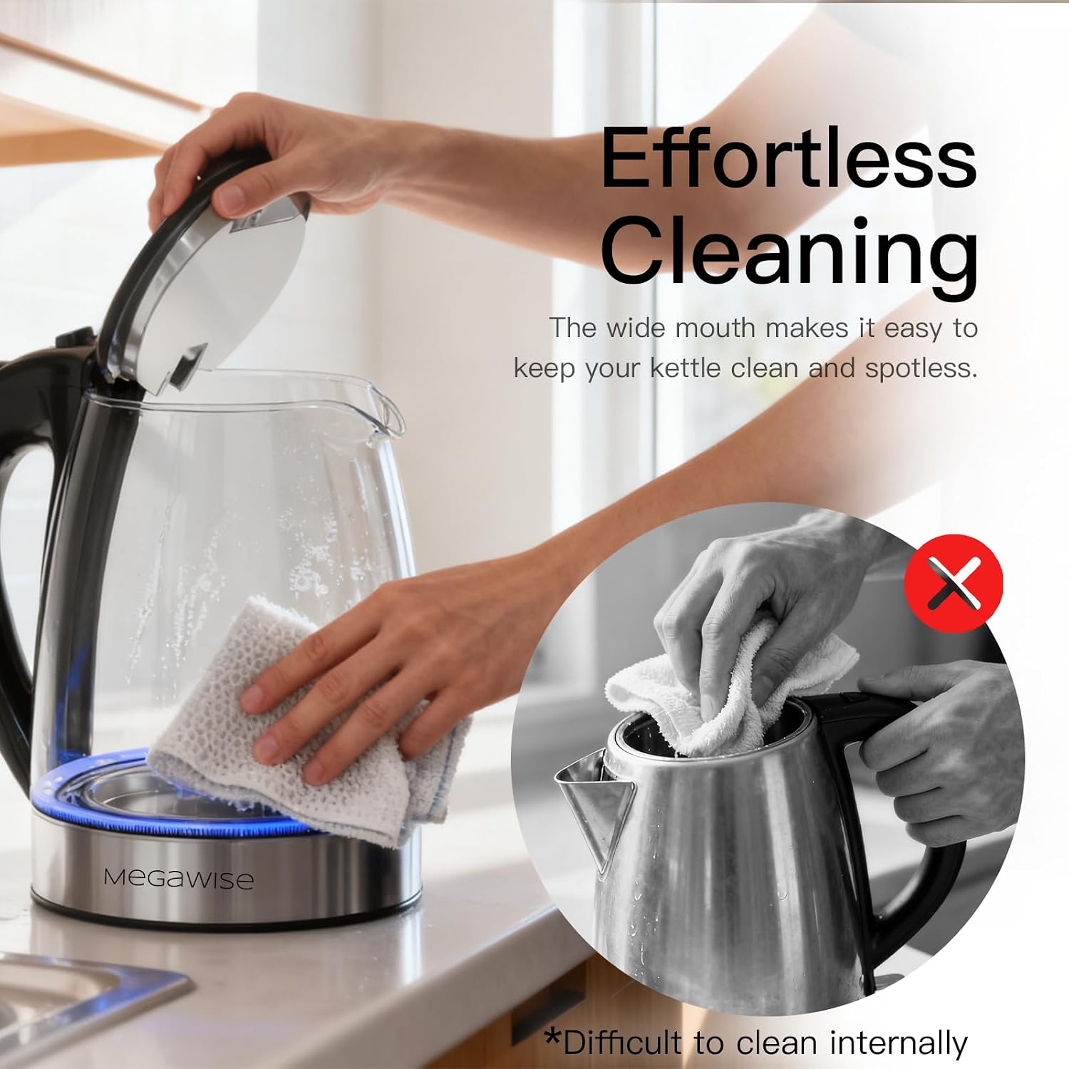 MEGAWISE 1.8L Healthy Electric Kettle, 1800W Borosilicate Glass Tea Kettle with Food Grade Material, Auto Shut-Off and Boil-Dry Protection Cordless Kettle Fast Boiling, BPA Free - Image 4