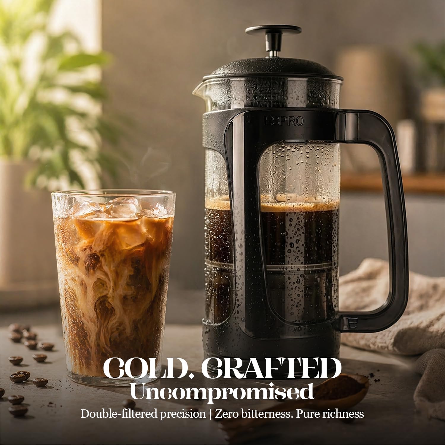 ESPRO Light P3 French Press Coffee Maker – Patented Double Micro-Filter for Grit-Free Brew, Heat Resistant thicker Borosilicate Glass Coffee press – (Black, 32 oz) - Image 4