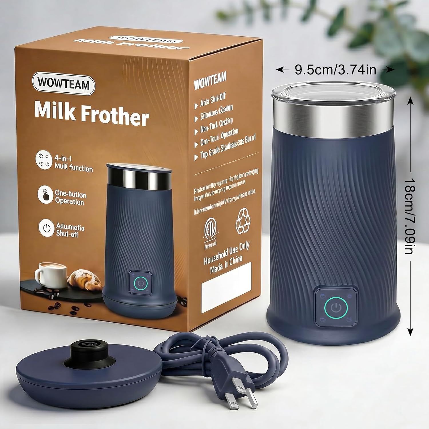Wowteam Milk Frother, 4-in-1 Electric Milk Steamer, Warm and Cold Milk Warmer and Foam Maker for Coffee, Latte, Cappuccinos, Macchiato, 8.2oz/240ml, Stainless Steel (Blue) - Image 7