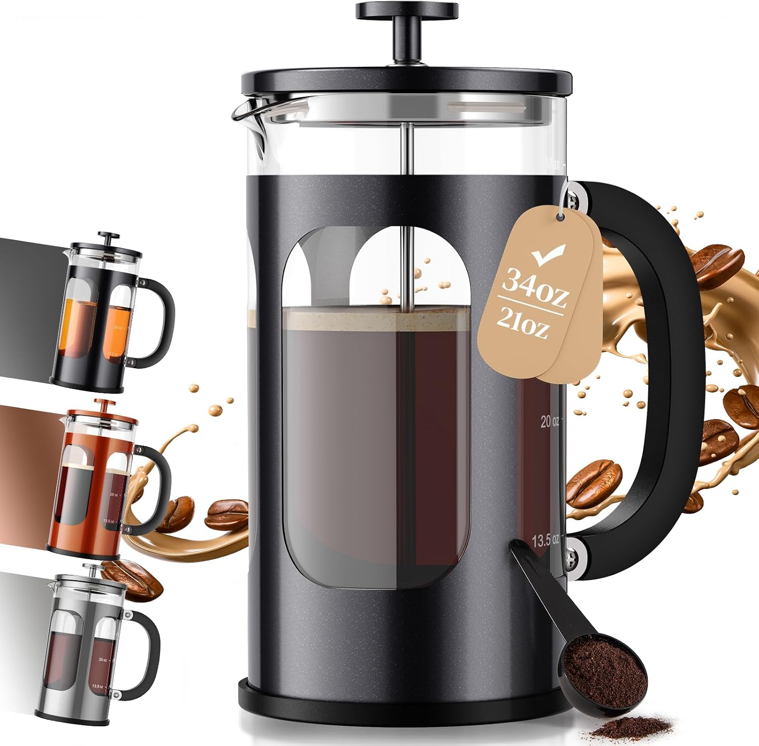 Veken French Press Coffee Maker 34oz, No Plastic Touching Cafe,Thickened Glass Stainless Steel Brewer, Cold Brew Cafetera Tea pot for Kitchen Travel Camping, Gifts, Decor, Bar Accessories, Dark Pewter