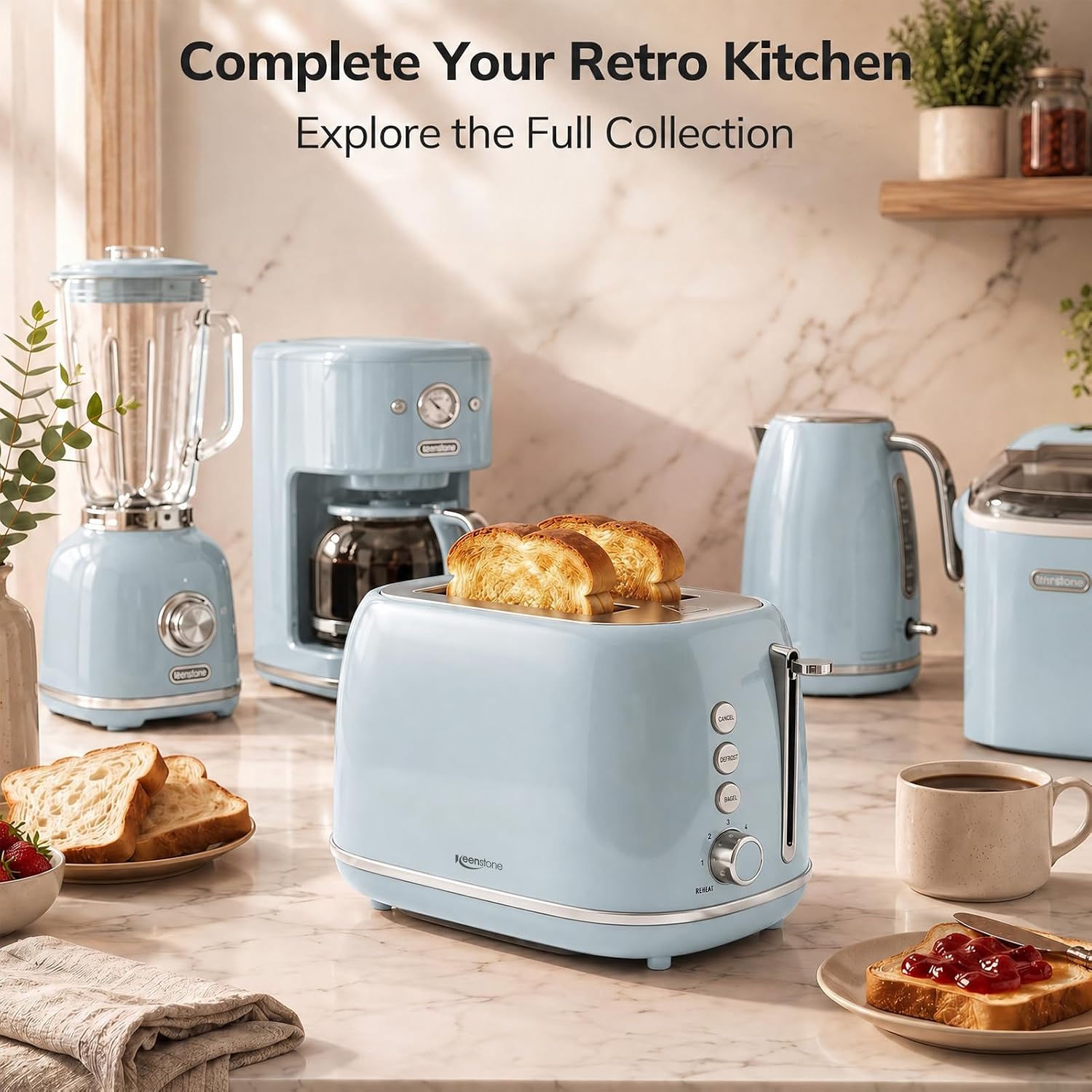 Retro 2 Slice Stainless Steel Toaster with 6 Bread Shade Settings, Bagel, Cancel, Defrost Function, Extra Wide Slot, Removable Crumb Tray, Blue - Image 8