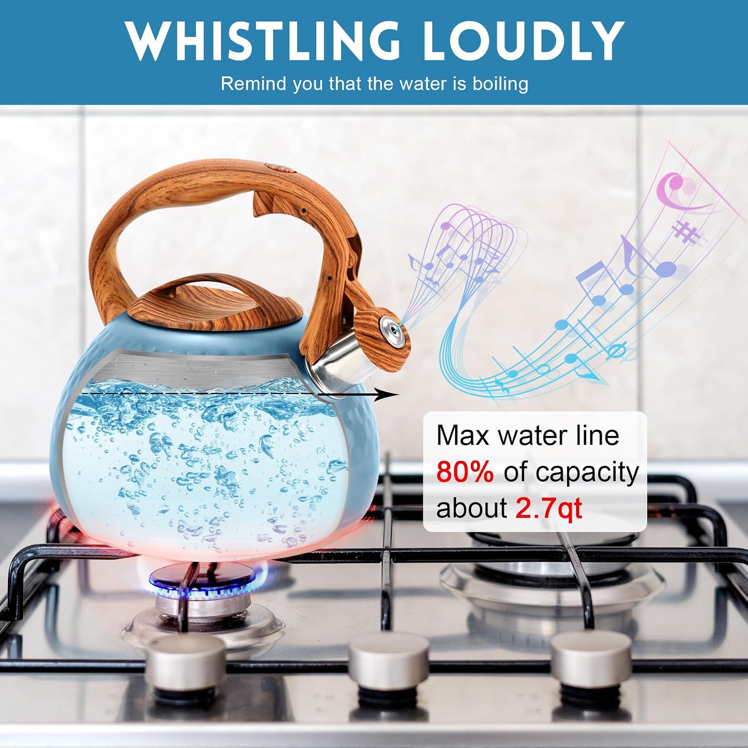GGC Tea Kettle for Stove Top, Loud Whistling Kettle for Boiling Water Coffee or Milk, 3.1 Quart 3L Heavy Stainless Steel Blue Kettle with Wood Pattern Handle, Unique Button Control Kettle Outlet - Image 4