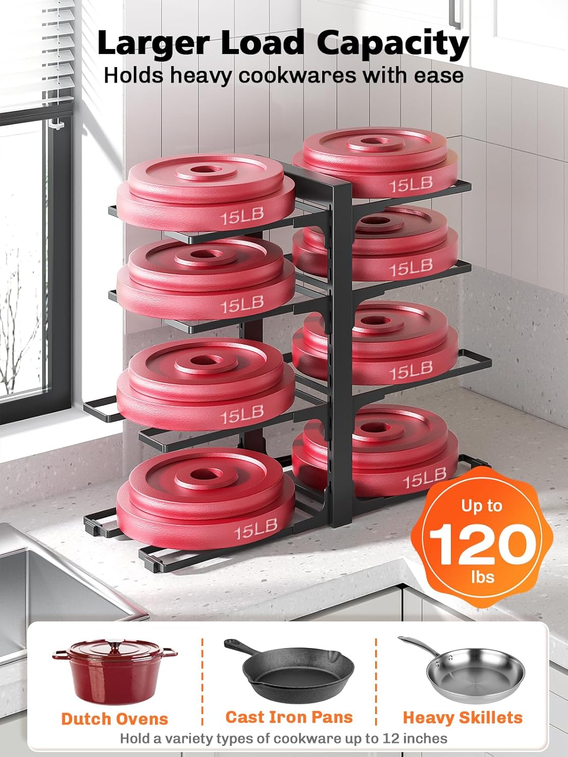 MUDEELA 8-Tier Pots and Pans Organizer under Cabinet, 15.83" Height Heavy Duty Pot Pan Organizer Kitchen Cabinet Organization and Storage, Adjustable Pot Rack for Frying Pan, Cast Iron Skillet, Black - Image 4