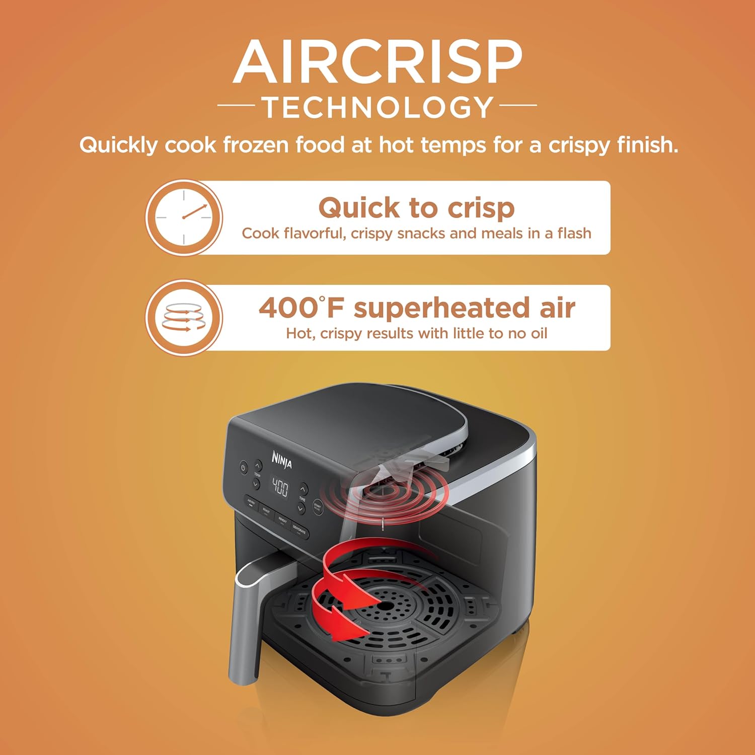 Ninja Air Fryer with Air Crisp | 5 QT Capacity fits up to 4lbs of Fries | 4-in-1 Pro Air Fry, Roast, Reheat, Dehydrate | 400°F Max Temp | 1750 Watts | W/Nonstick Basket & Crisper Plate | Grey | AF141 - Image 2