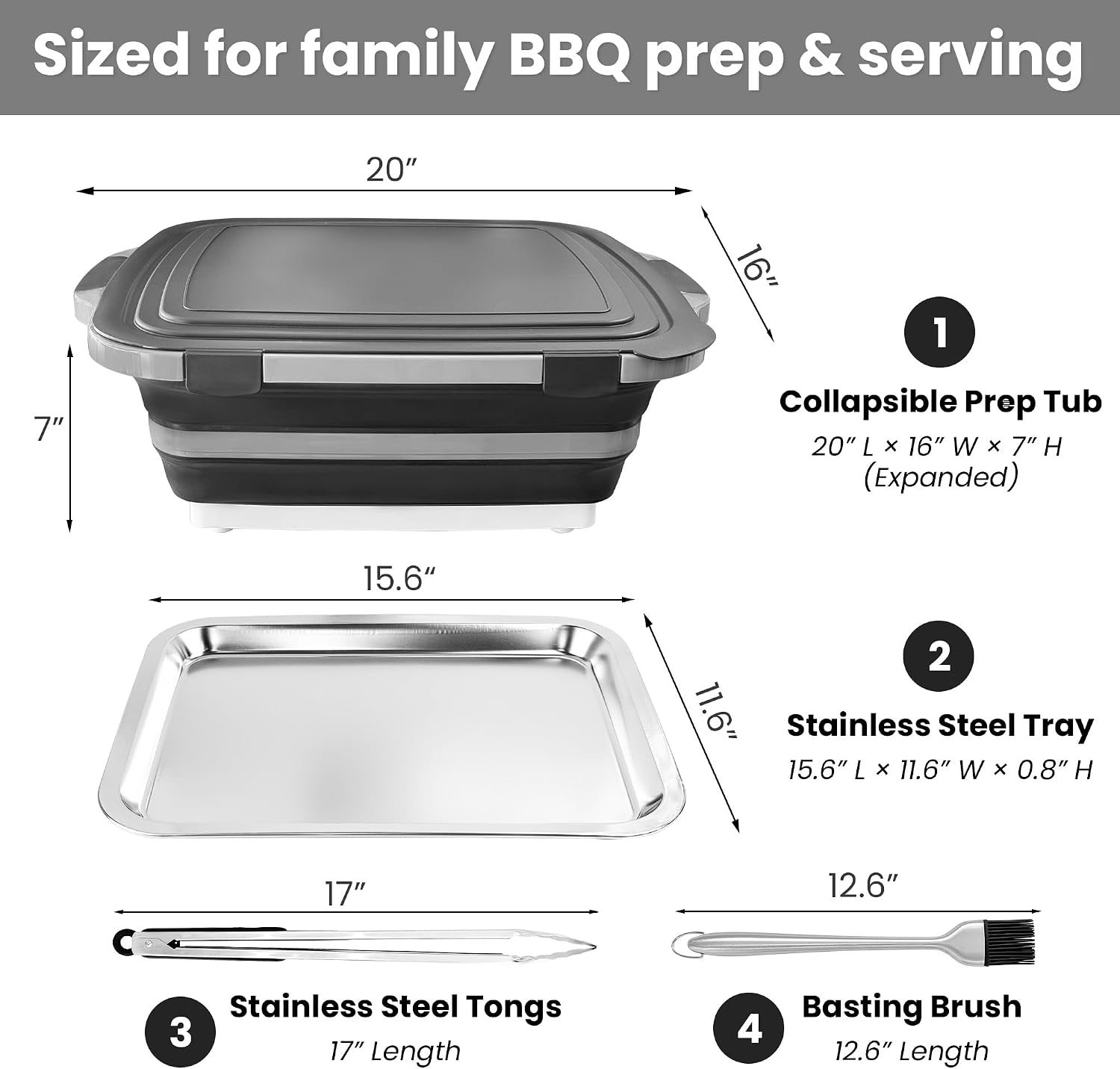 16L Collapsible BBQ Prep Tub Set with Lid, Tray, Tongs & Brush | Prep, Marinate, Carry, Grill & Serve Food in One Organized BBQ System - Image 4