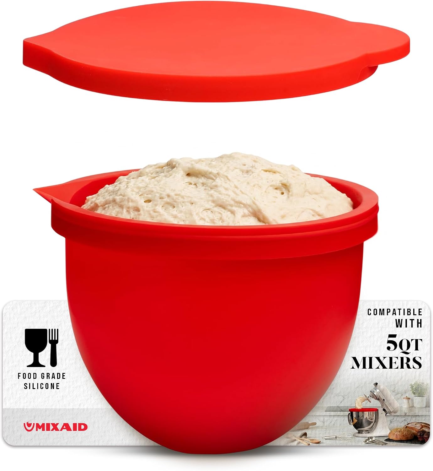 The Original MIXAID Silicone Bowl Insert Liners for KitchenAid Tilt-Head 5 Qt Stand Mixers - Replacement Mixer Accessories - Leak-Proof Design, Non-slip Base & Easy Clean - Set 1 Liner & Lid, Red