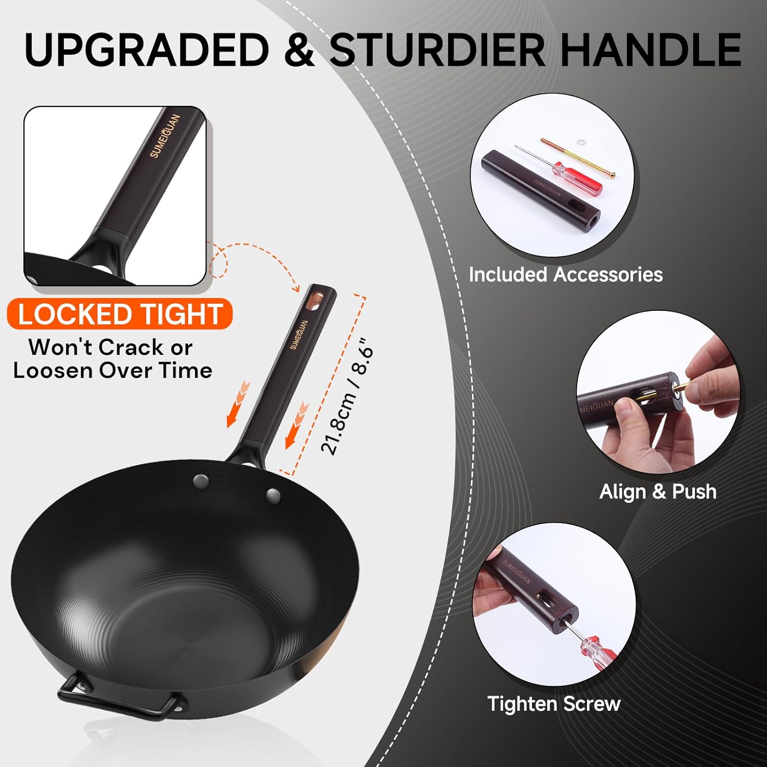 13.5" Carbon Steel Wok Pan - Pre-Seasoned Flat Bottom Woks & Stir-fry Pans Chinese Cookware with Lid & Spatula - For Pan-fry,Stir Fry, Steam, BBQ & Camping - Compatible with Induction, Gas - Image 8