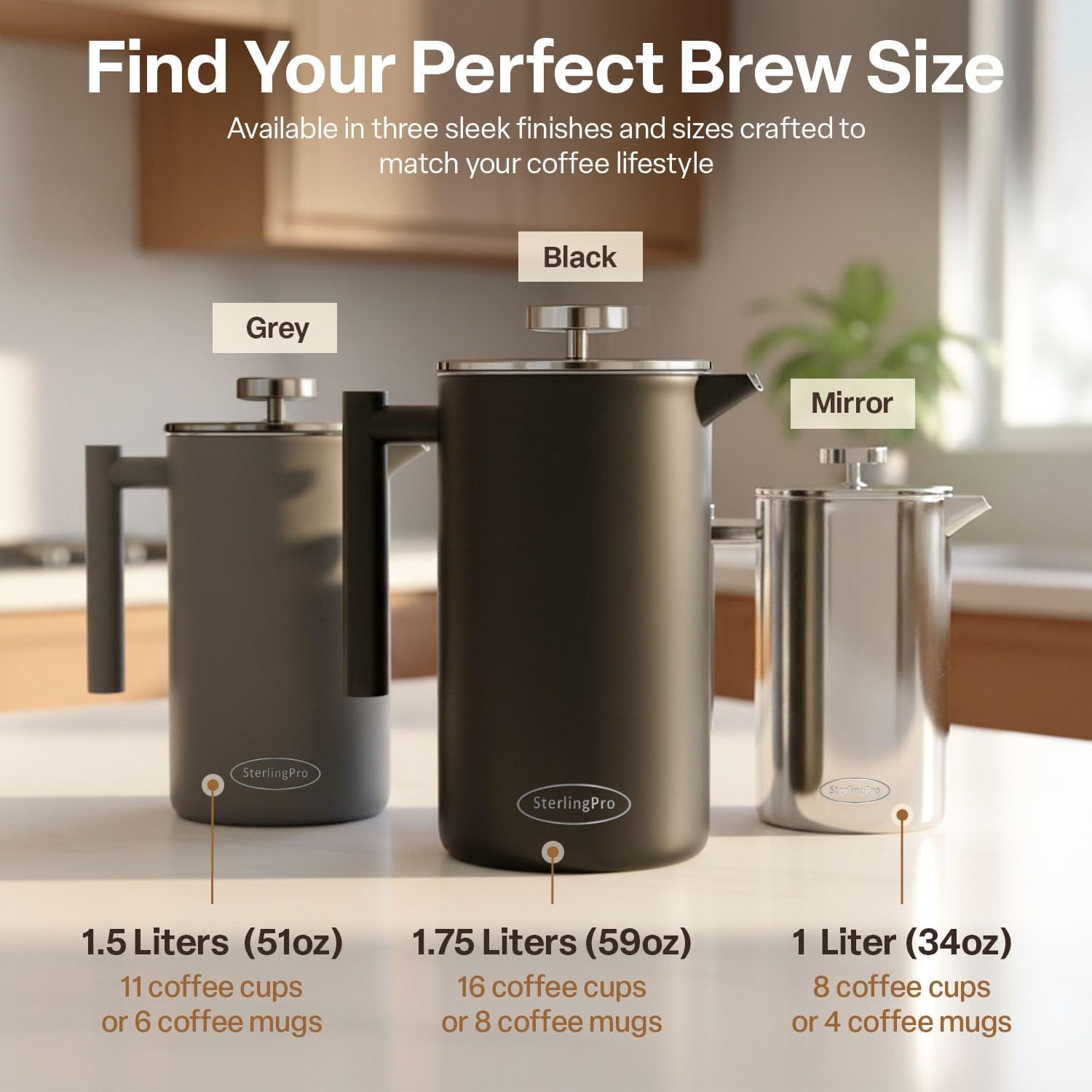SterlingPro Extra Large Insulated Stainless Steel French Press Coffee Maker 59oz – Insulated Metal XL Double Wall Coffee Maker | Plastic Free | Cool-Touch | Grey Finish | Makes up to 16 Cups / 8 Mugs - Image 4