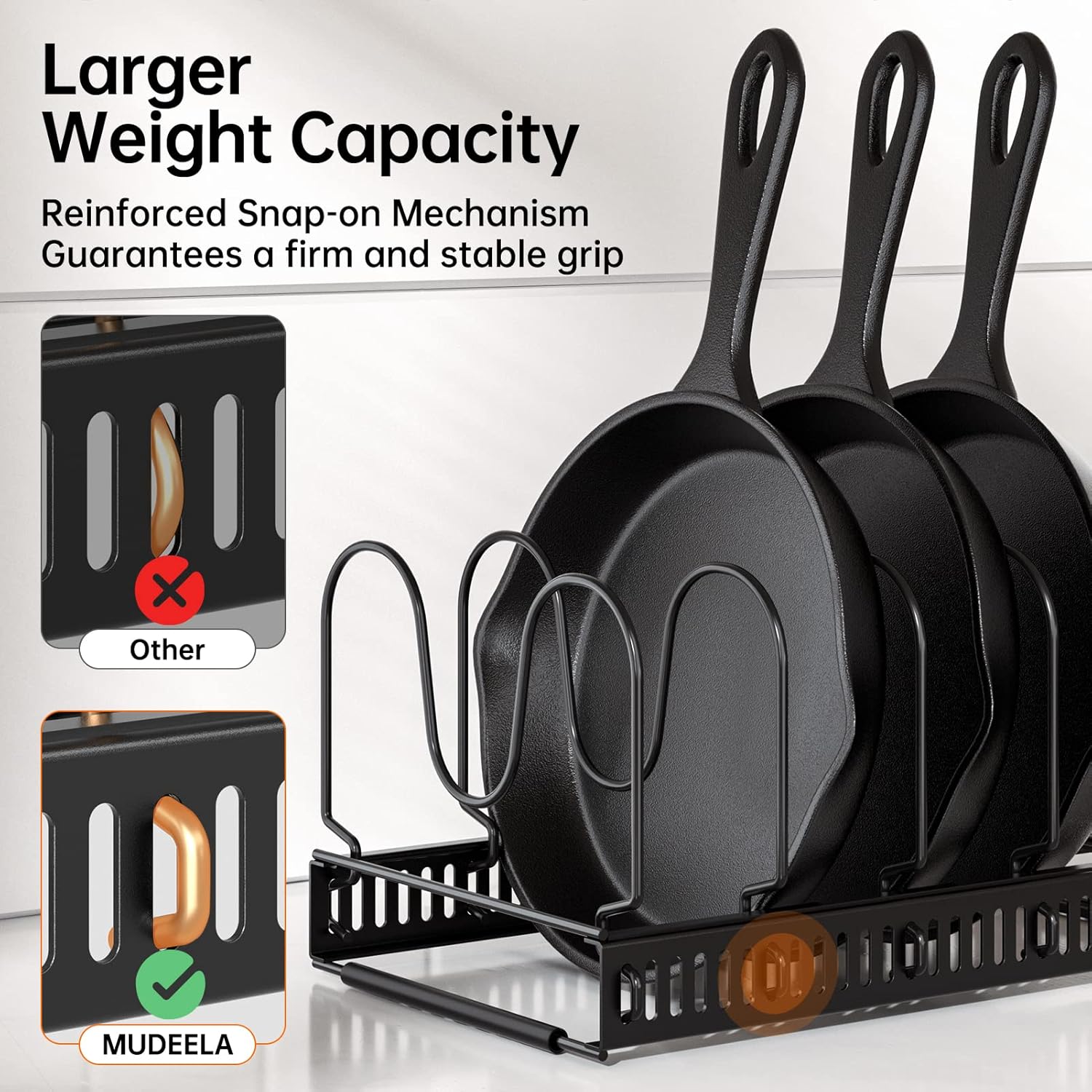 MUDEELA Pots and Pans Organizer Rack for under Cabinet, Expandable 11.81''-22.85'' Pot Lid Kitchen Cabinet Organizer Holder with 10 Adjustable Compartment Cutting Board Organizer for Pan Lid, Bakeware - Image 3