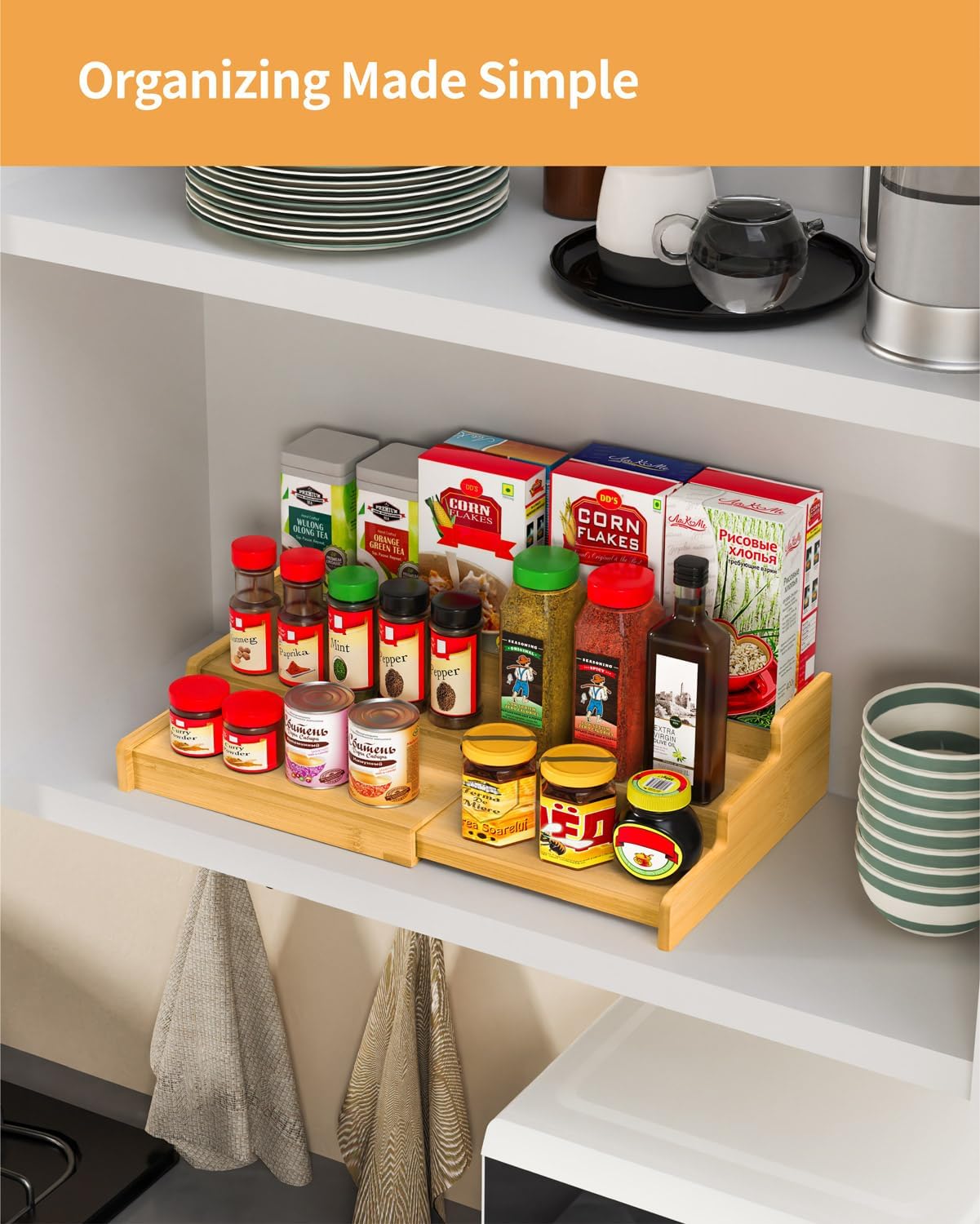 VenDotbi Spice Rack, 3-Tier Expandable Bamboo Spice Rack Organizer for Cabinet - Kitchen, Pantry and Cupboard Storage Organizer - Image 7