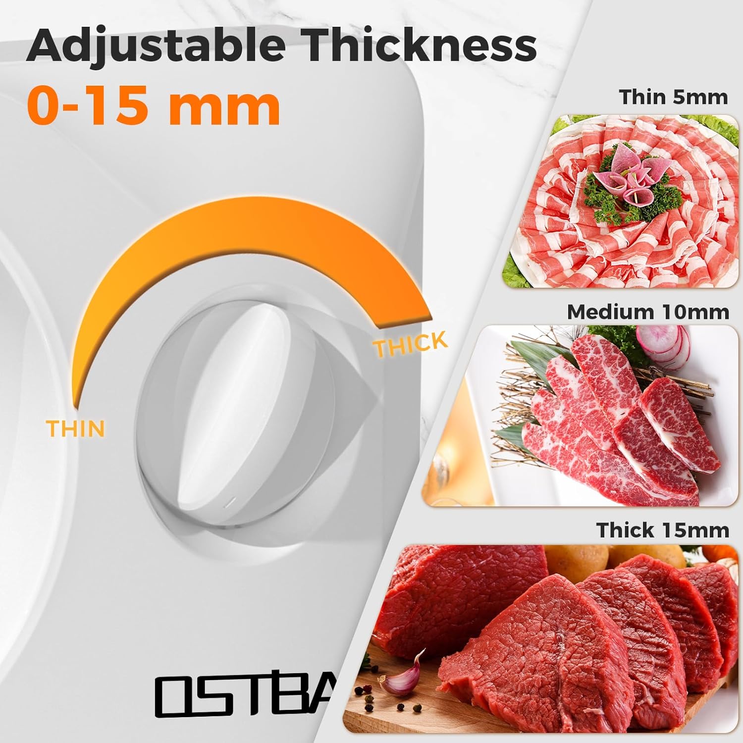 OSTBA Foldable Electric Food Slicer, Adjustable Thickness 0–15mm, 6.7” Stainless Steel Blade, 150W Motor, Portable & Easy-to-Clean Meat, Cheese, Bread, and Vegetable Slicer for Home Kitchen, White - Image 3