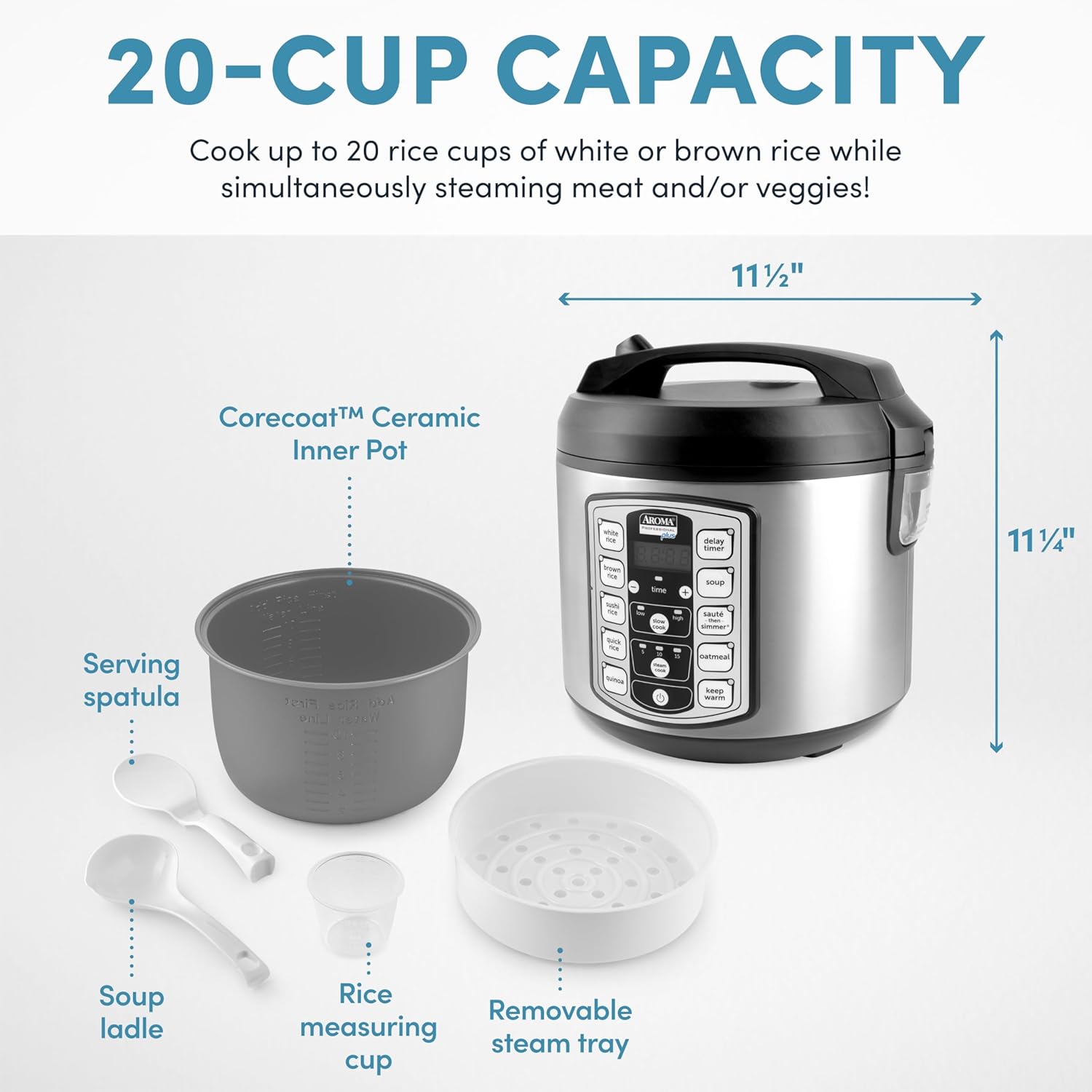 Aroma Housewares Professional Plus ARC-5000SB 20 Cup (Cooked) Digital Rice Cooker, Food Steamer, Slow Cooker, Stainless Exterior/Nonstick Pot, Silver, Black, 10-cup uncooked/20-cup cooked/4QT - Image 4