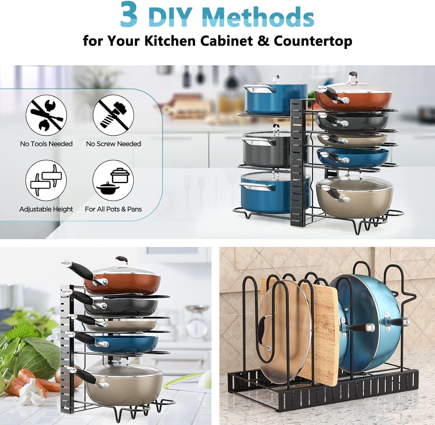 ORDORA Pots and Pans Organizer for Cabinet 16.61 Height, 8 Tier Pot Organizers Rack with 3 DIY Methods, Adjustable Pan Organizer under Cabinet Kitchen Organization and Storage - Image 6