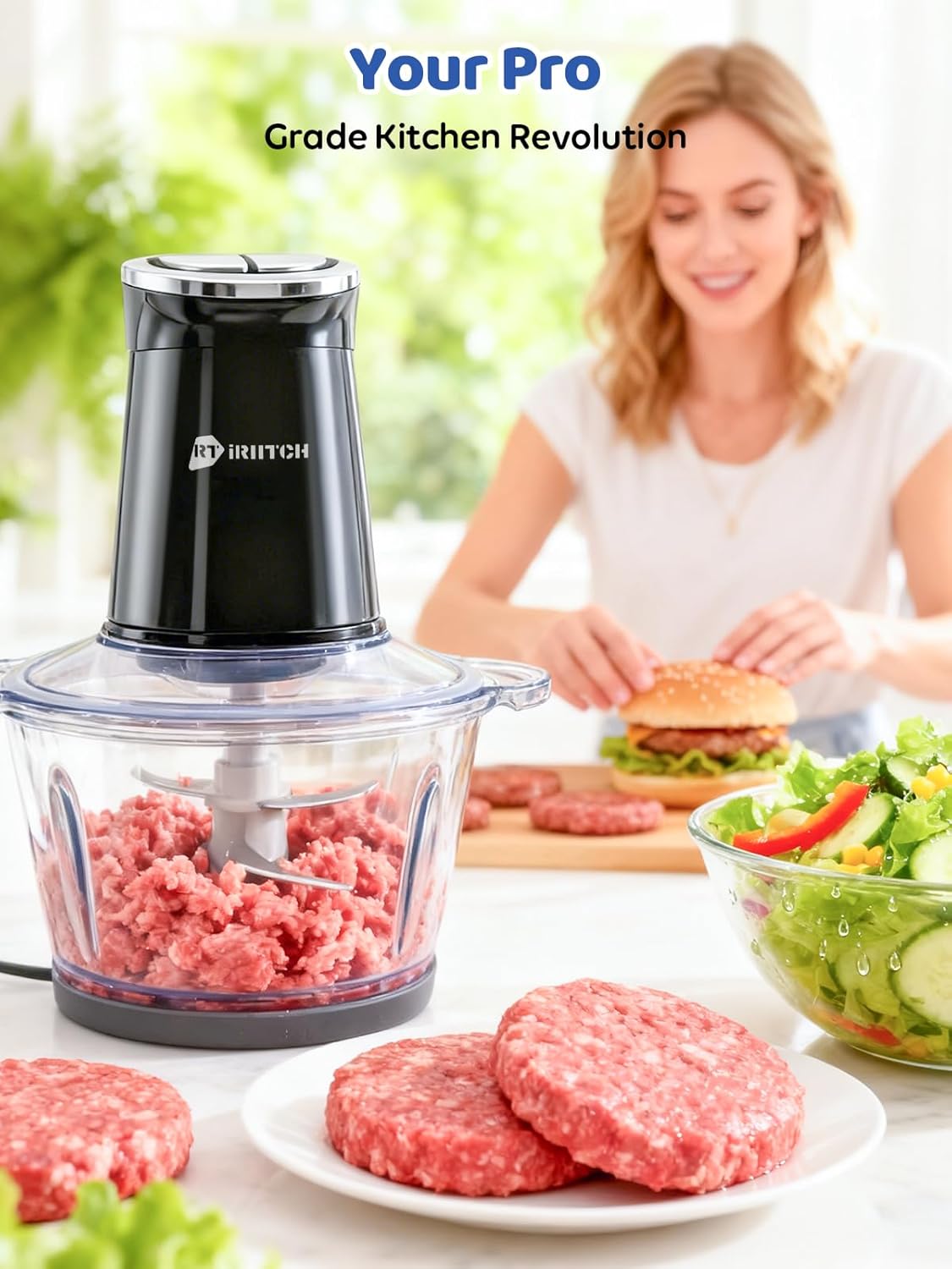 IRIITCH Food Processor with LED Timer, 800W Electric Chopper with 2 Bowls (12-cups Glass Bowl+12 cups Stainless Steel Bowl), 2 Set 6 Bi-Level S-Blades, Meat Grinder for Nuts, Onion, Garlic, Baby Food - Image 4