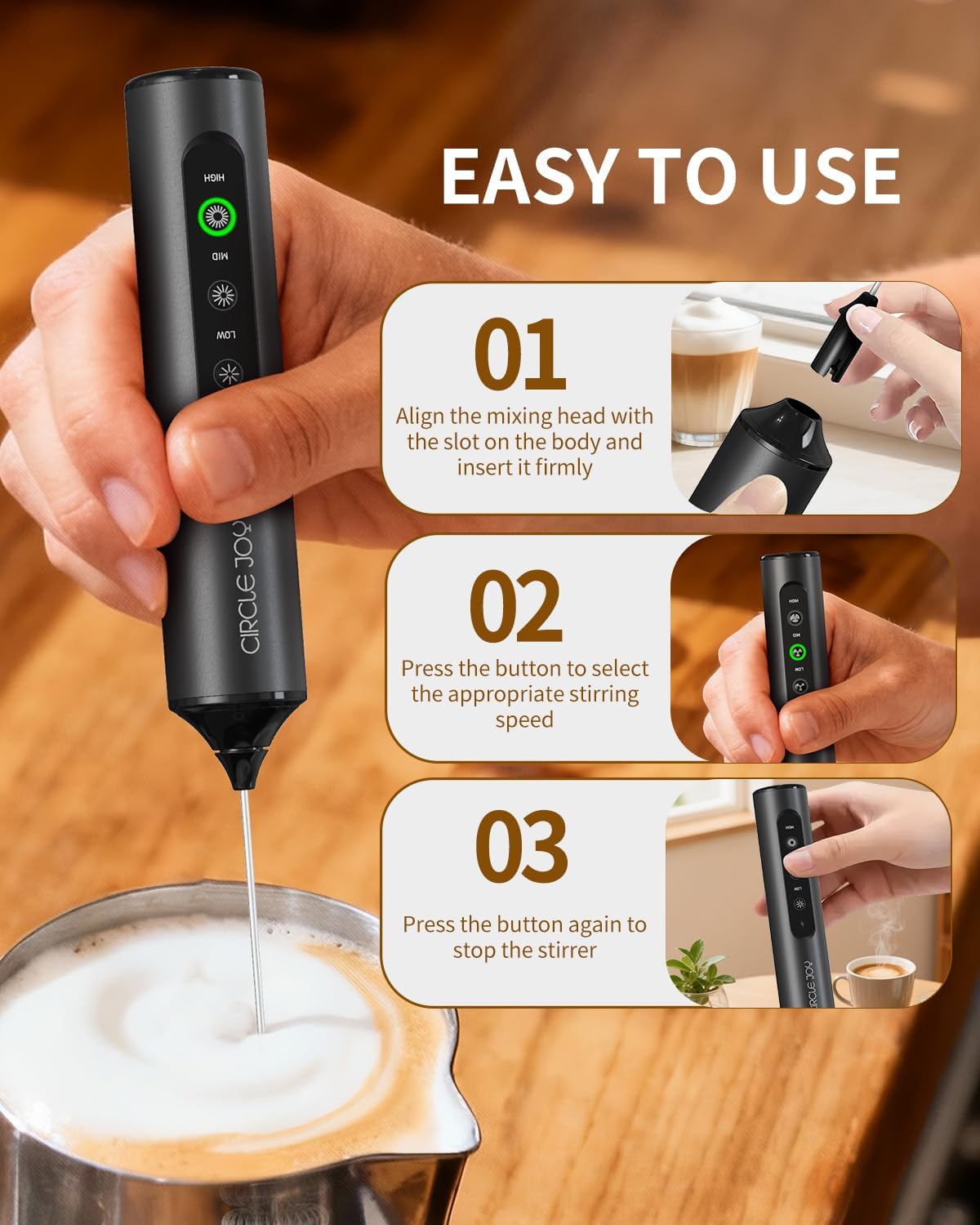 CIRCLE JOY Rechargeable Handheld Milk Frother Wand with 3 Variable Speeds, 3 Whisks and Storage Box, Electric Drink Mixer for Latte, Cappuccino, Hot Chocolate, Eggs and Protein Powder, Black - Image 5