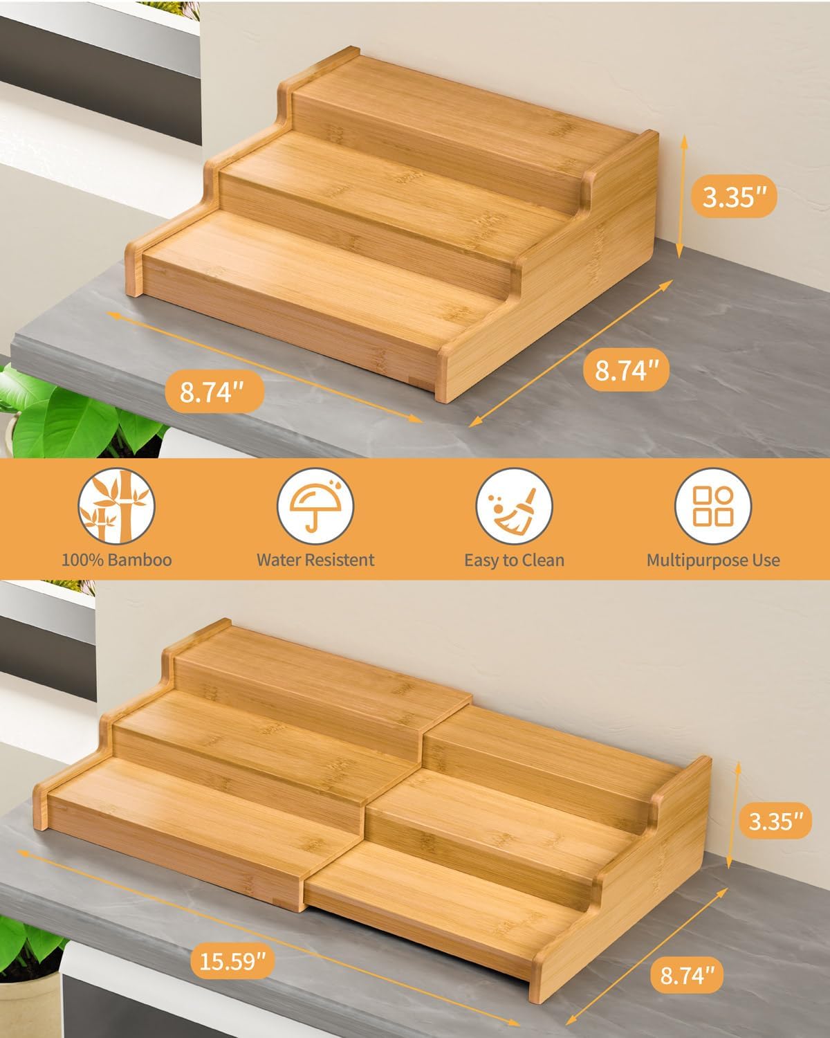 VenDotbi Spice Rack, 3-Tier Expandable Bamboo Spice Rack Organizer for Cabinet - Kitchen, Pantry and Cupboard Storage Organizer - Image 4