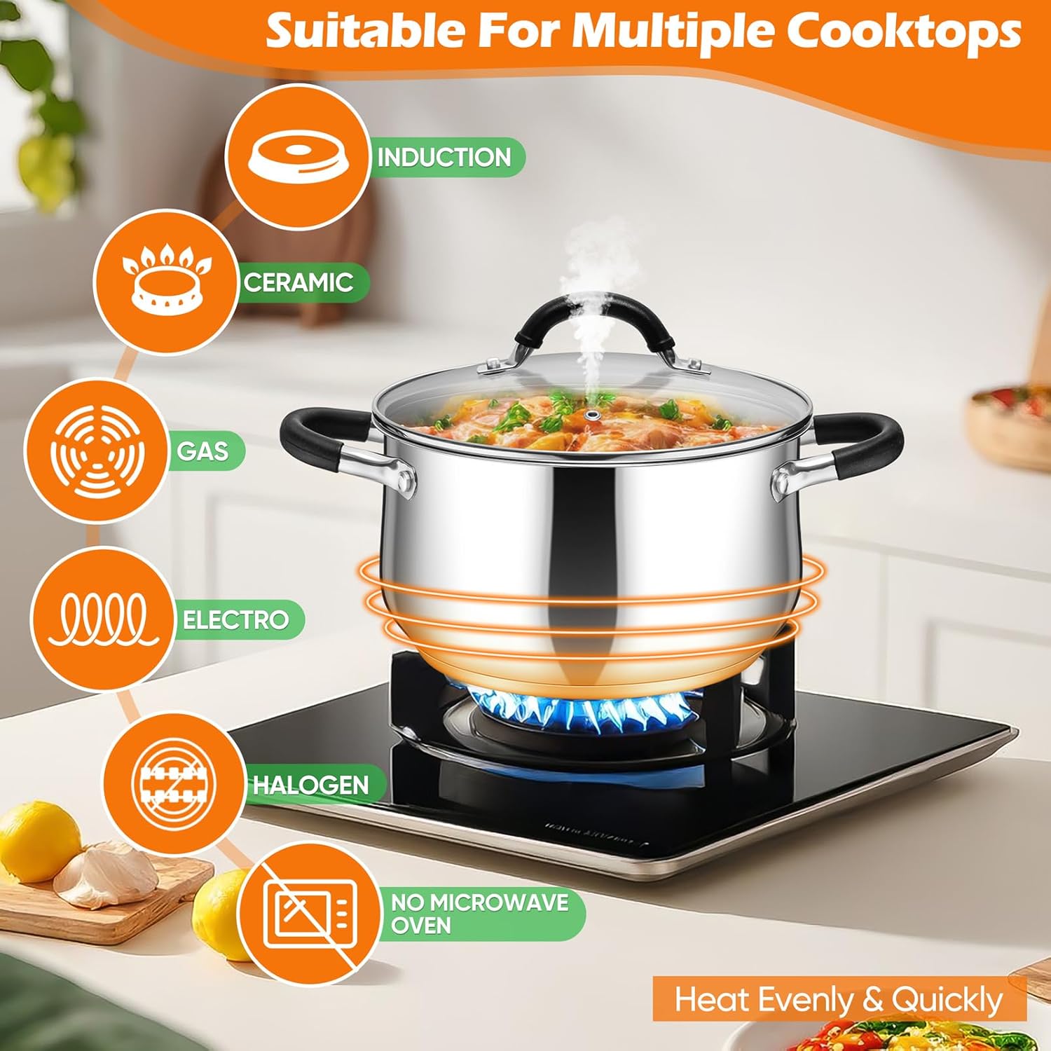 P&P CHEF Stainless Steel Stock Pot, 5 Qt Cooking Soup Pot with Visible Lid for Pasta, Tri-Ply Bottom & Dual Heatproof Handles, For Induction Gas All Stoves, Non-Toxic & Dishwasher Safe - Image 6