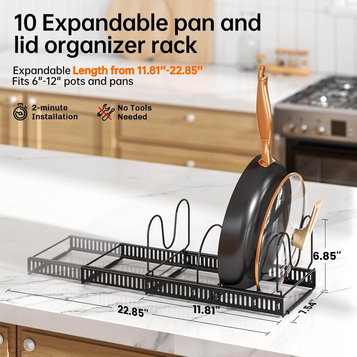 MUDEELA Pots and Pans Organizer Rack for under Cabinet, Expandable 11.81''-22.85'' Pot Lid Kitchen Cabinet Organizer Holder with 10 Adjustable Compartment Cutting Board Organizer for Pan Lid, Bakeware - Image 2