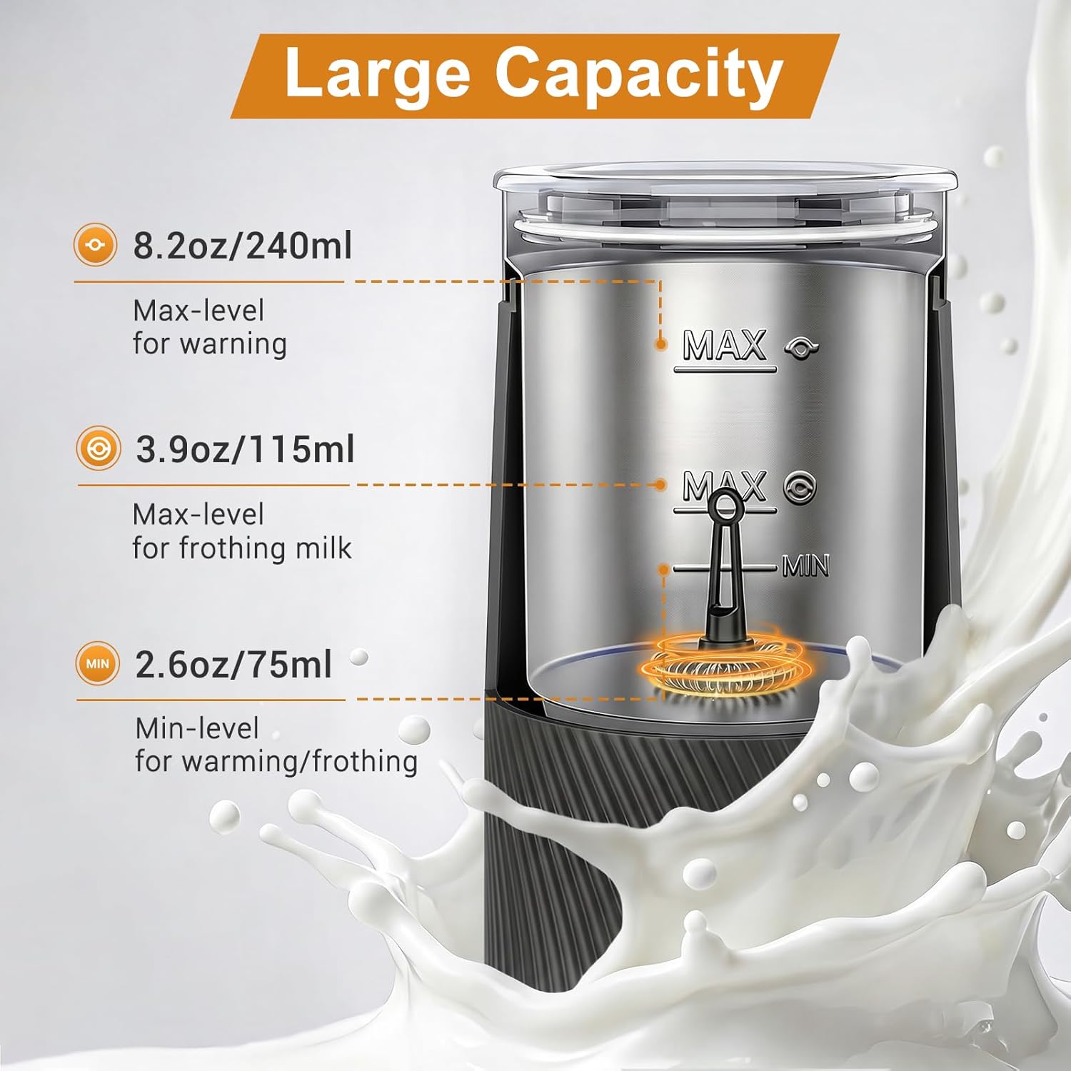 Wowteam Milk Frother, 4-in-1 Electric Milk Steamer, Warm and Cold Milk Warmer and Foam Maker for Coffee, Latte, Cappuccinos, Macchiato, 8.2oz/240ml, Stainless Steel (Black) - Image 4