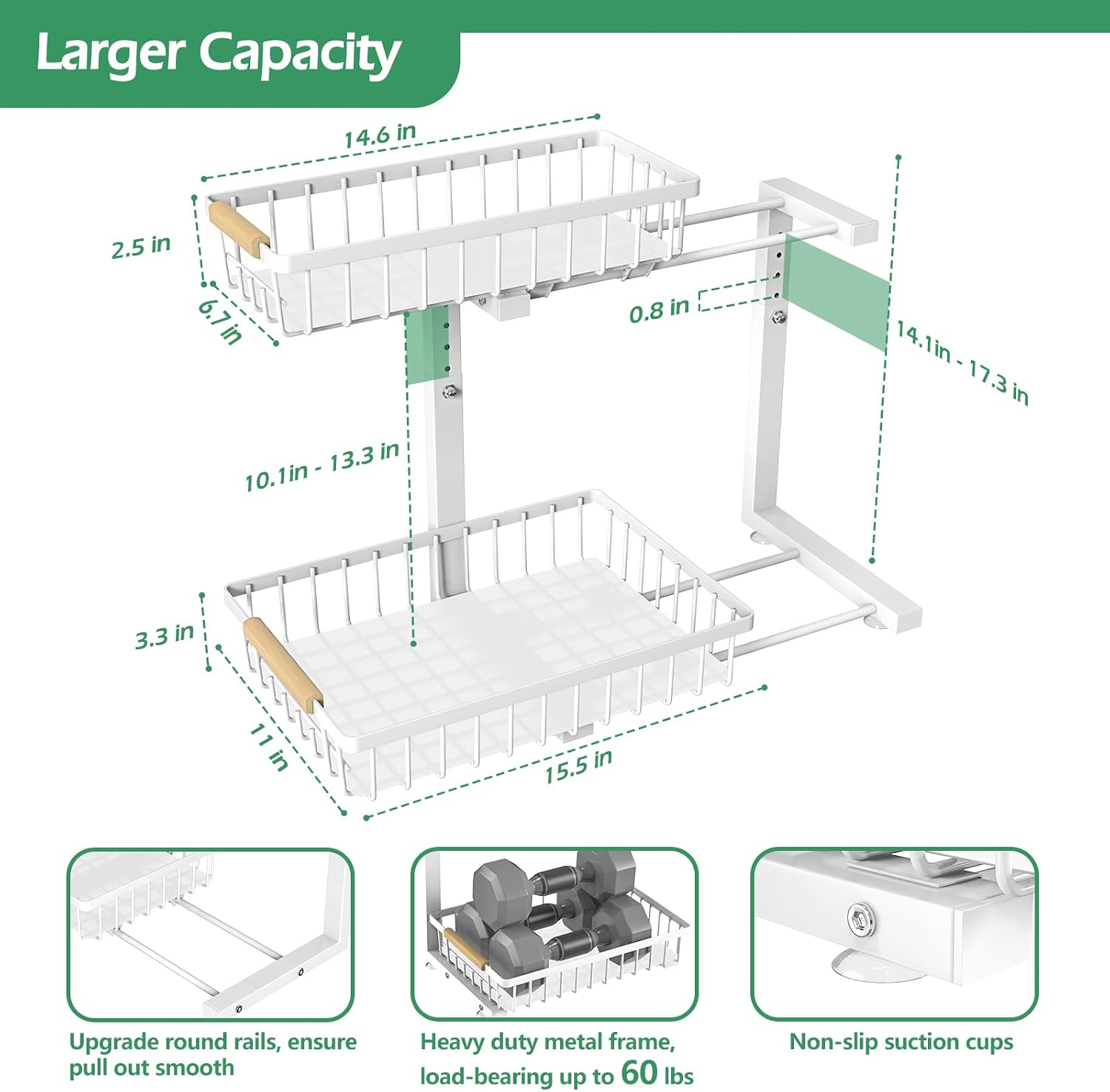 ADRIMER Under Sink Organizer 2 Packs, Pull Out Kitchen Sink Organizer, 2 Tier Slide Out Kitchen Organizers and Storage Bathroom Under Cabinet Storage Shelf, White - Image 6