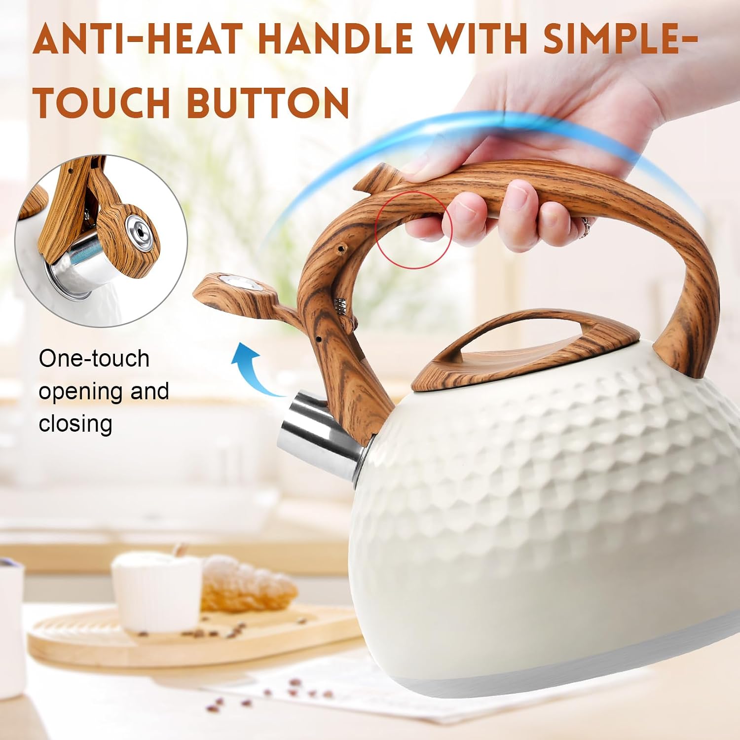 GGC Tea Kettle for Stove Top, Loud Whistling Kettle for Boiling Water Coffee or Milk, 3.1 Quart 3L Heavy Stainless Steel White Kettles with Wood Pattern Handle, Unique Button Control Kettle Outle - Image 5