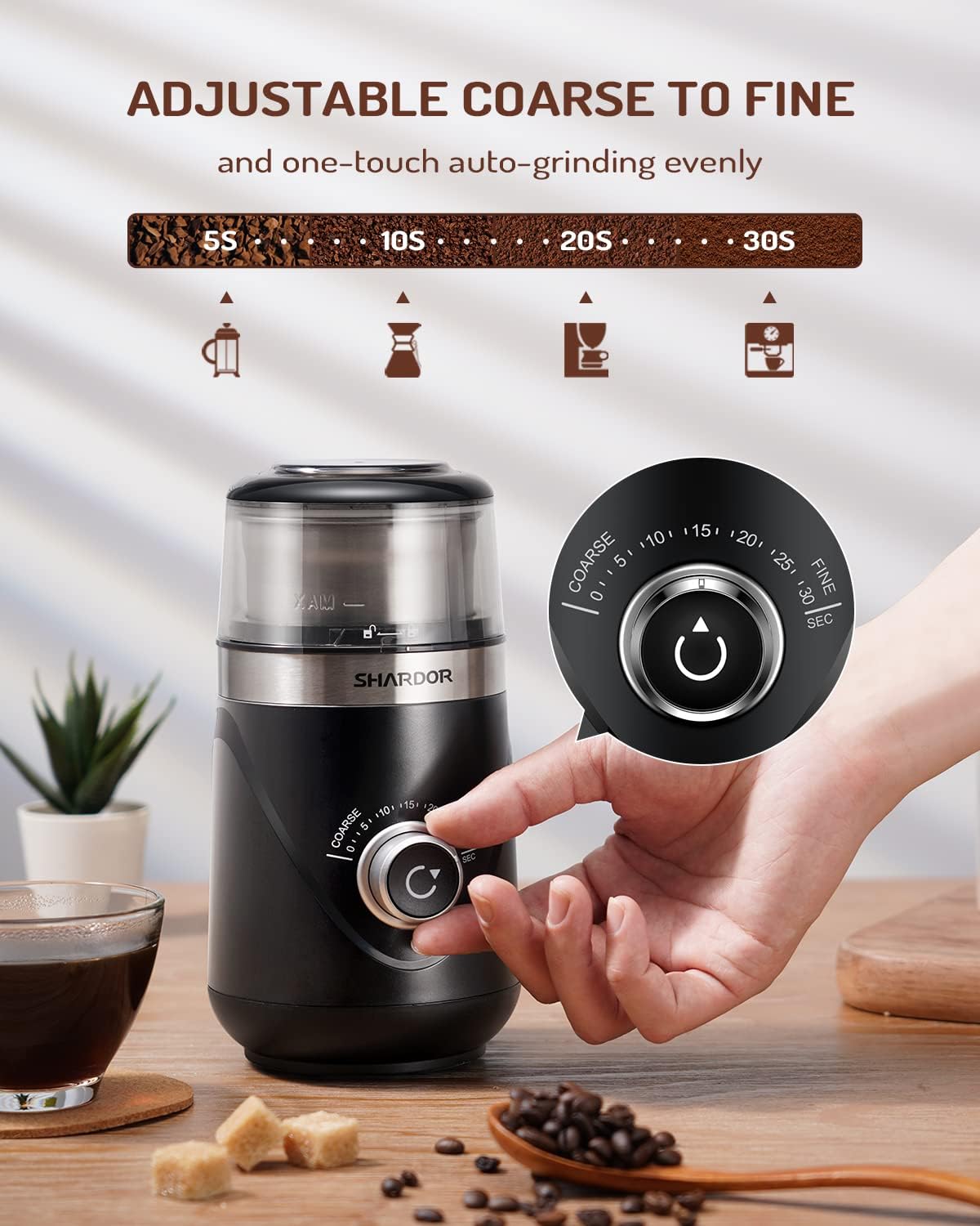 SHARDOR Electric Super Silent Blade Coffee Grinder, Timed Grind Control Rotary Knob, Adjustable Coarse to Fine for Coffee Beans, Spices & Herbs, with 1 Removable Stainless Steel Bowl, Black - Image 2