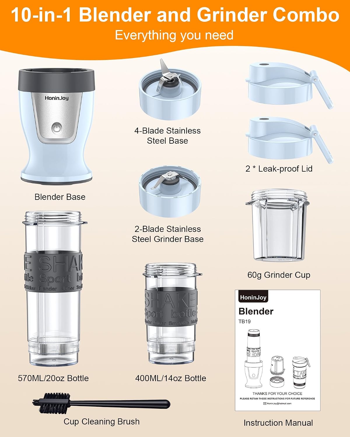 Smoothie Blender, 650W Personal Blenders for Shakes and Smoothies with Grinder Cup & 2 BPA-Free Portable Cups (20oz+14oz), Portable Blender for Juices, Smoothies Maker for Kitchen, Blue - Image 6