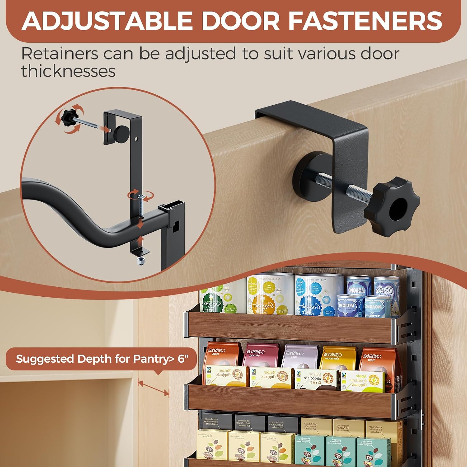 8-Tier Pantry Door Organizer, Over the Door Pantry Organizer with Wooden Adjustable Baskets, 2 IN 1 Spice Rack Wall Mount or Door Organizer, Door Spice Rack for Pantry(72.6×17.1×5.1in,Black) - Image 3