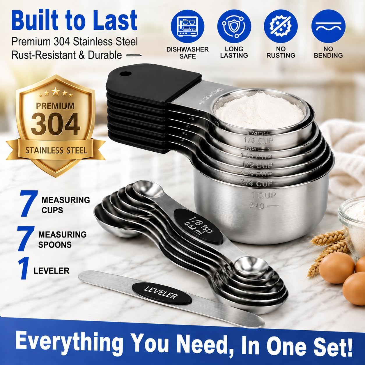 Magnetic Measuring Cups and Spoons Set, Strong N52 Magnets, Heavy Duty 304 Stainless Steel Fits in Spice Jars for Baking & Cooking, BPA Free, Round Set of 15 with Leveler Black - Image 2