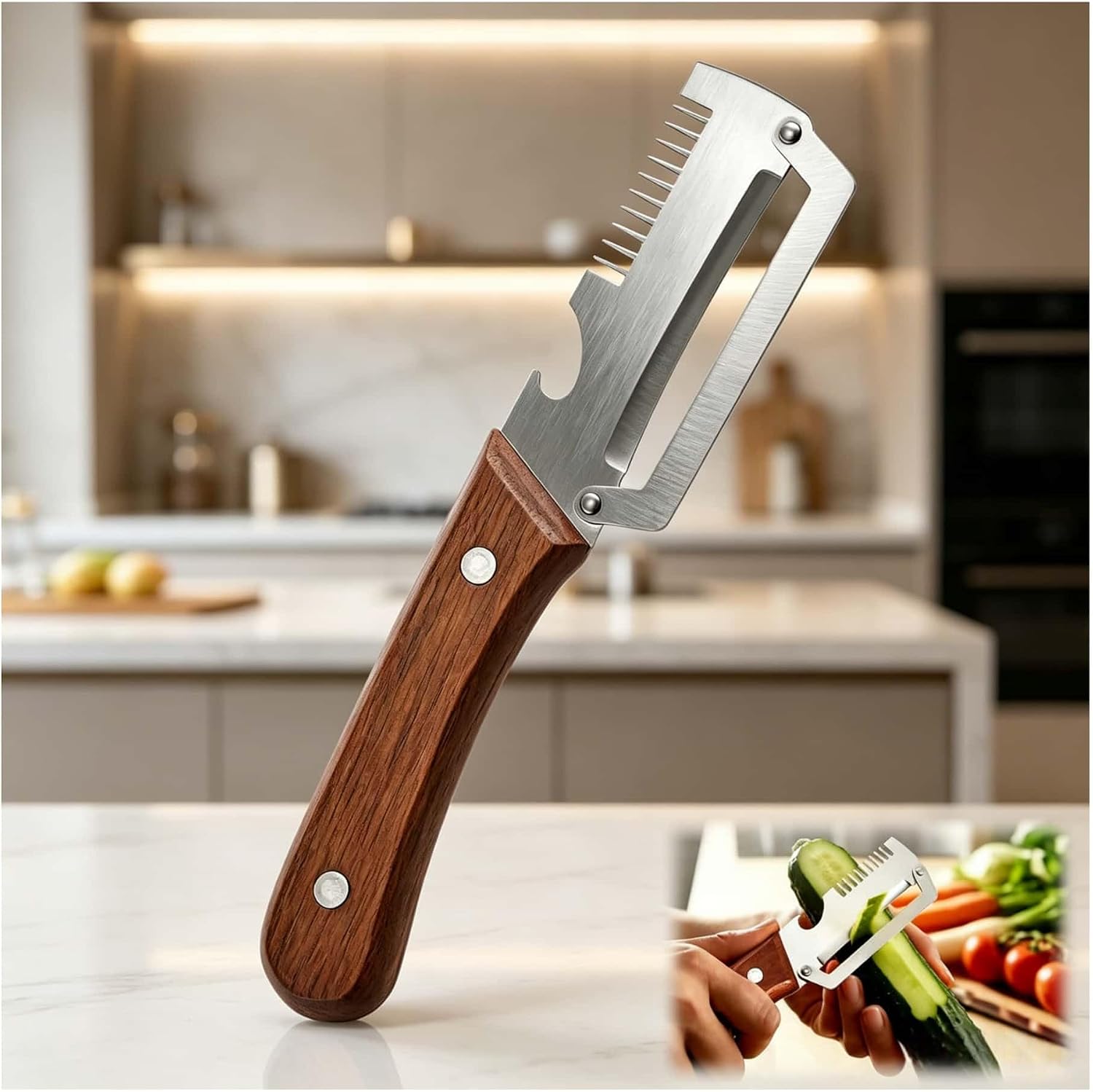 Premium Vegetable Peeler with Wooden Handle and Bottle Opener, Multi-Functional Vegetable Peeler for Fruit Pumpkin Peeling Potato and other vegetables or fruits (1pcs)