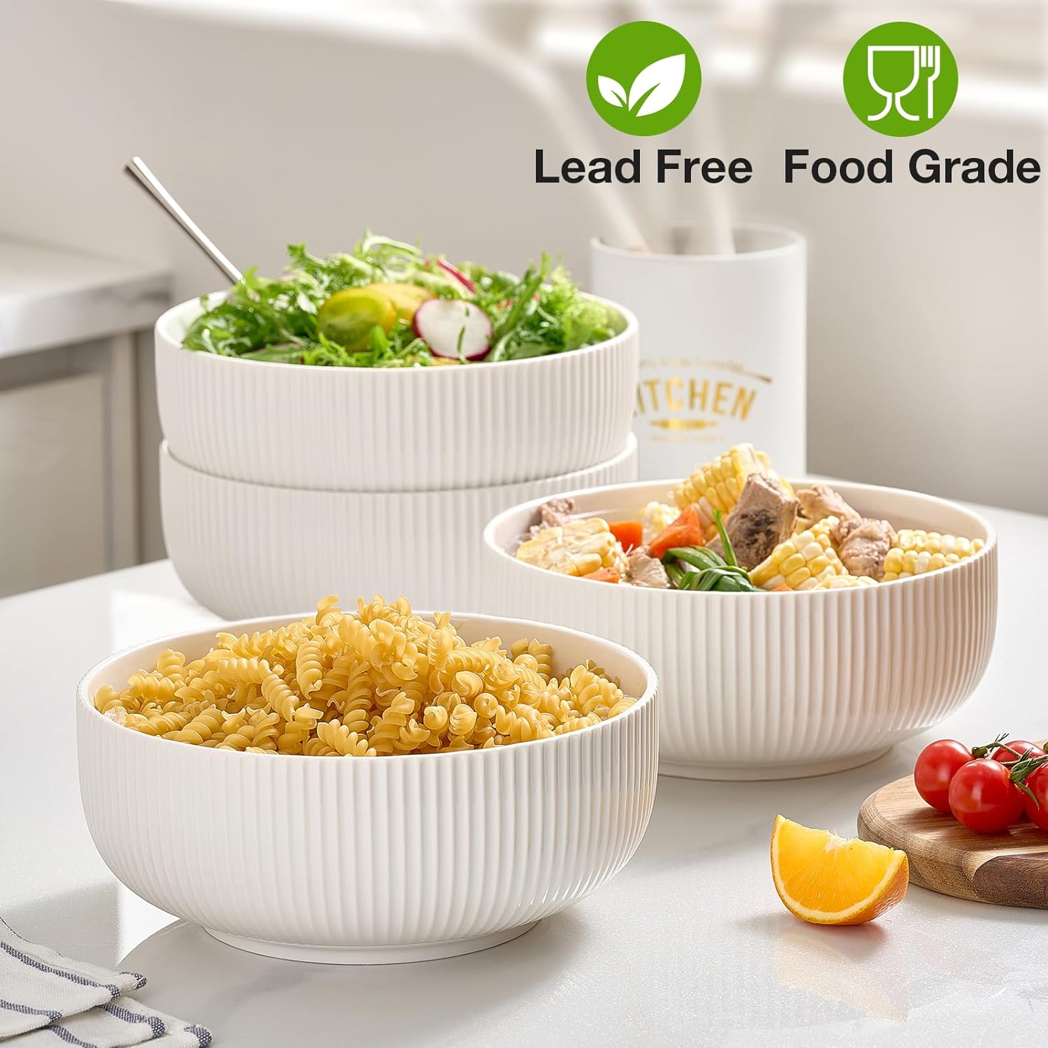 Mfacoy 2 Pack Salad Bowl, 8 inch 60 oz Large Serving Bowl Set, Deep Bowl for Kitchen, White Ceramic Bowl Set for Soup, Cereal, Ramen, Pasta, Salad, Dishwasher & Microwave Safe, Easy Clean - Image 5
